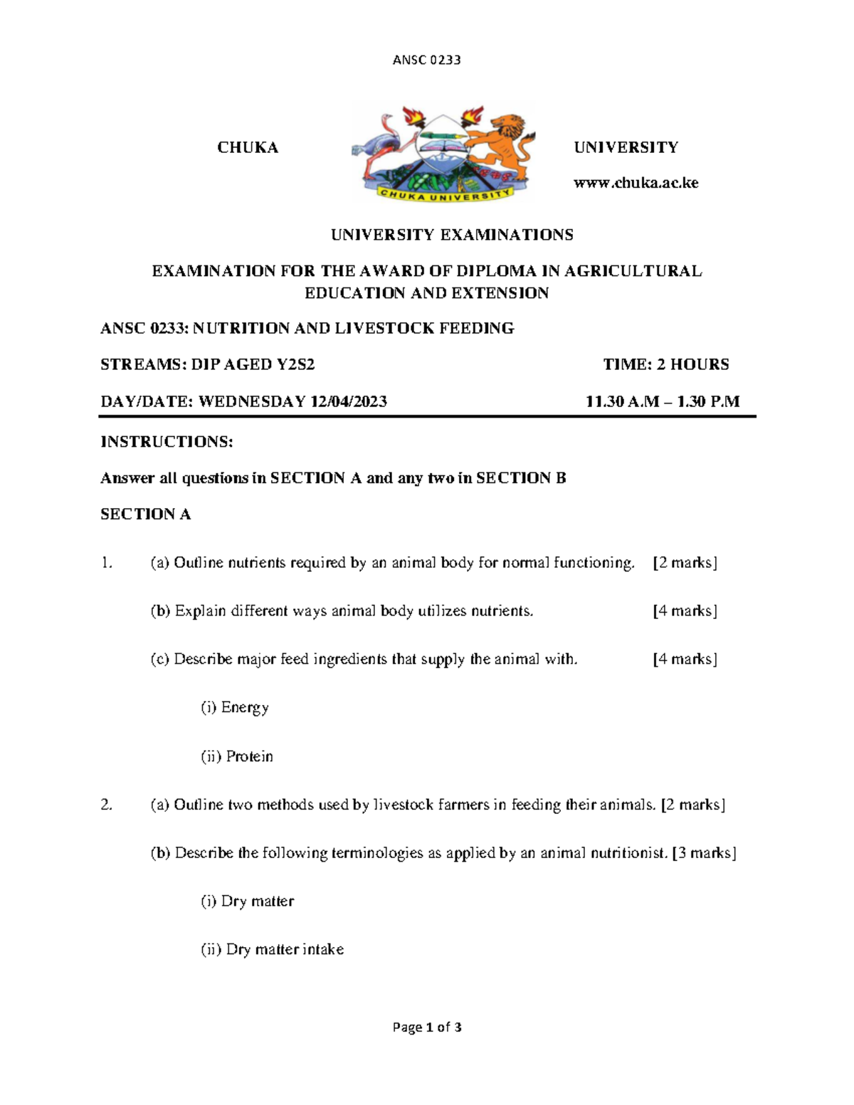 ANSC 0233 - Practice Paper Exam for Diploma in Agricultural Education ...