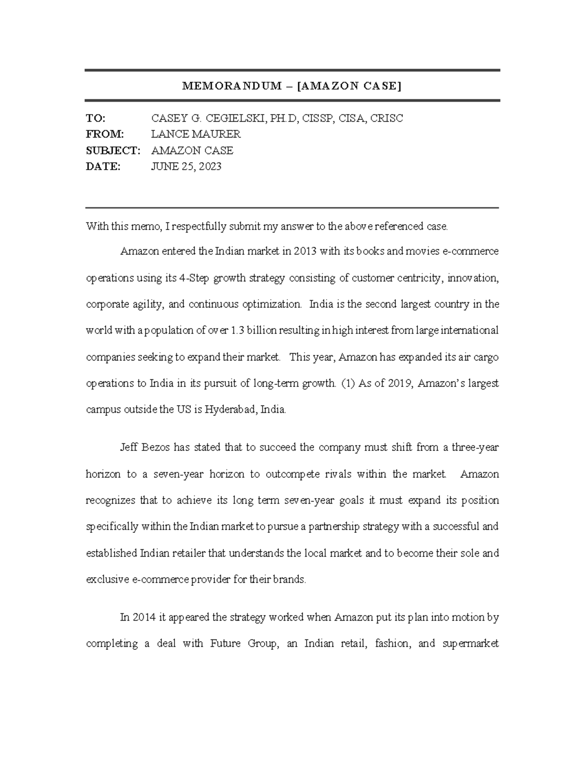 Amazon Case - MEMORANDUM – [AMAZON CASE] TO: CASEY G. CEGIELSKI, PH ...
