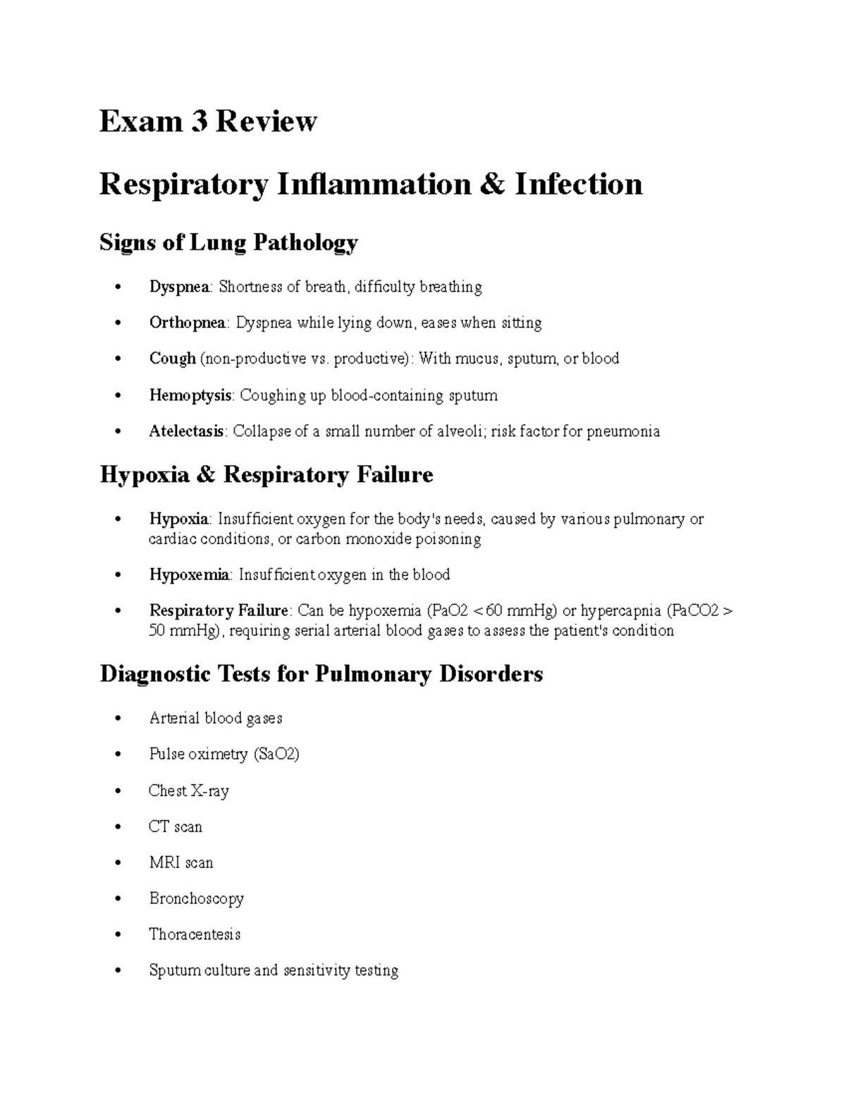 Patho Exam 3 Review - Exam study guide - Exam 3 Review Respiratory ...