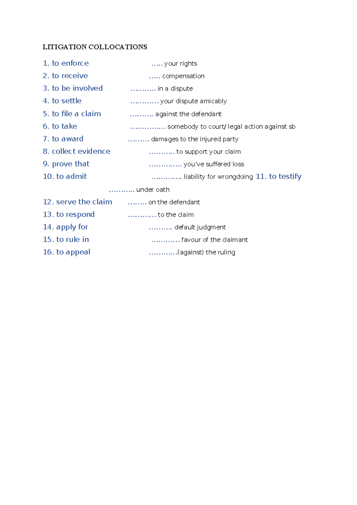 Litigation Collocations Worksheet: Key Phrases and Terms - Studocu