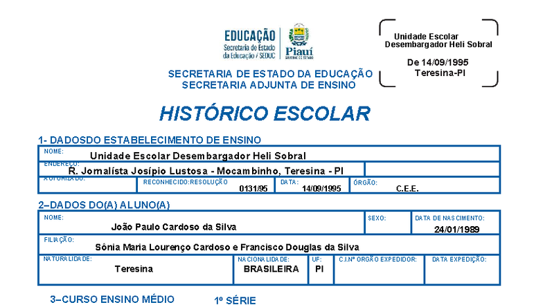 Cópia do Histórico Escolar - Unidade Escolar Desembargador Heli Sobral ...