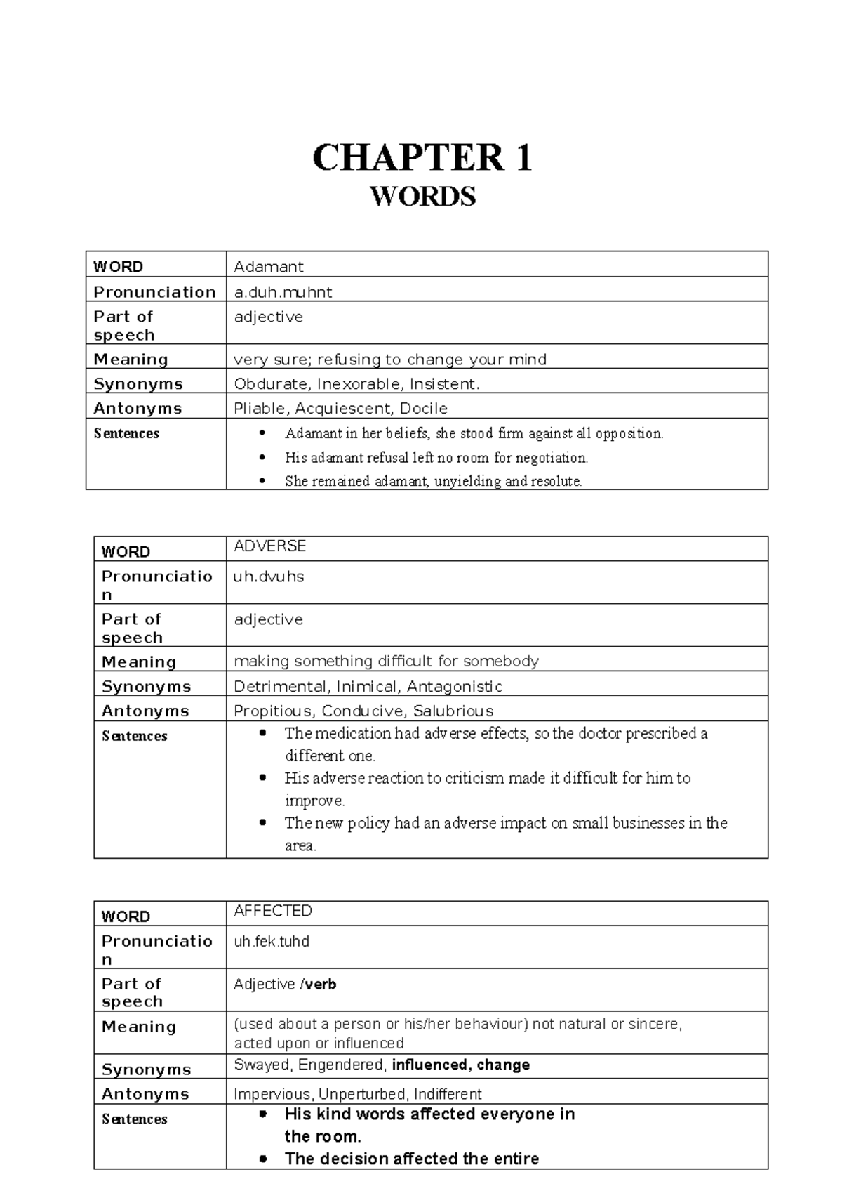 Chapter 1 - these are my lecture notes - CHAPTER 1 WORDS WORD Adamant ...