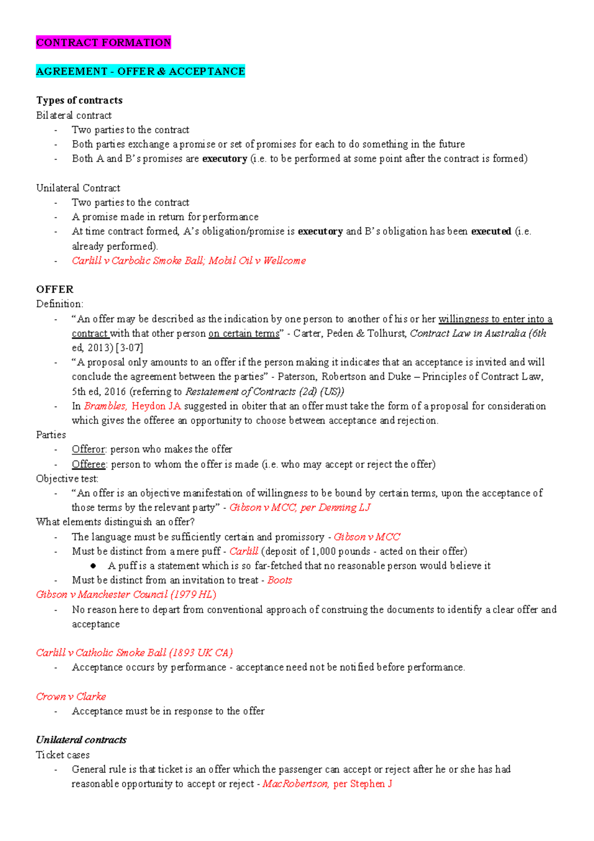 Contract Law: Offer and Acceptance Overview (LAW101) - Studocu