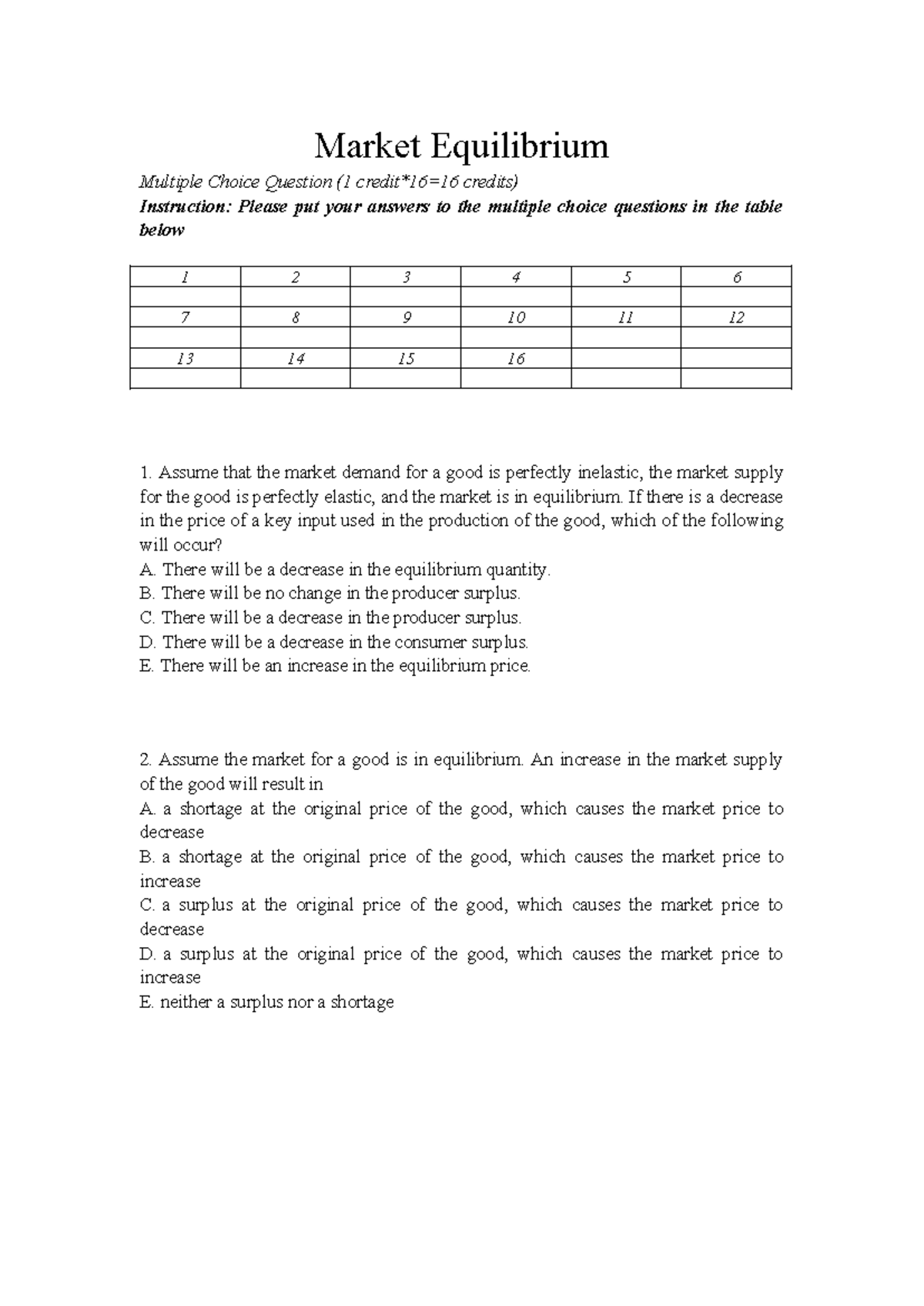 HW-10 - Market Equilibrium Multiple Choice Questions and Answers - Studocu