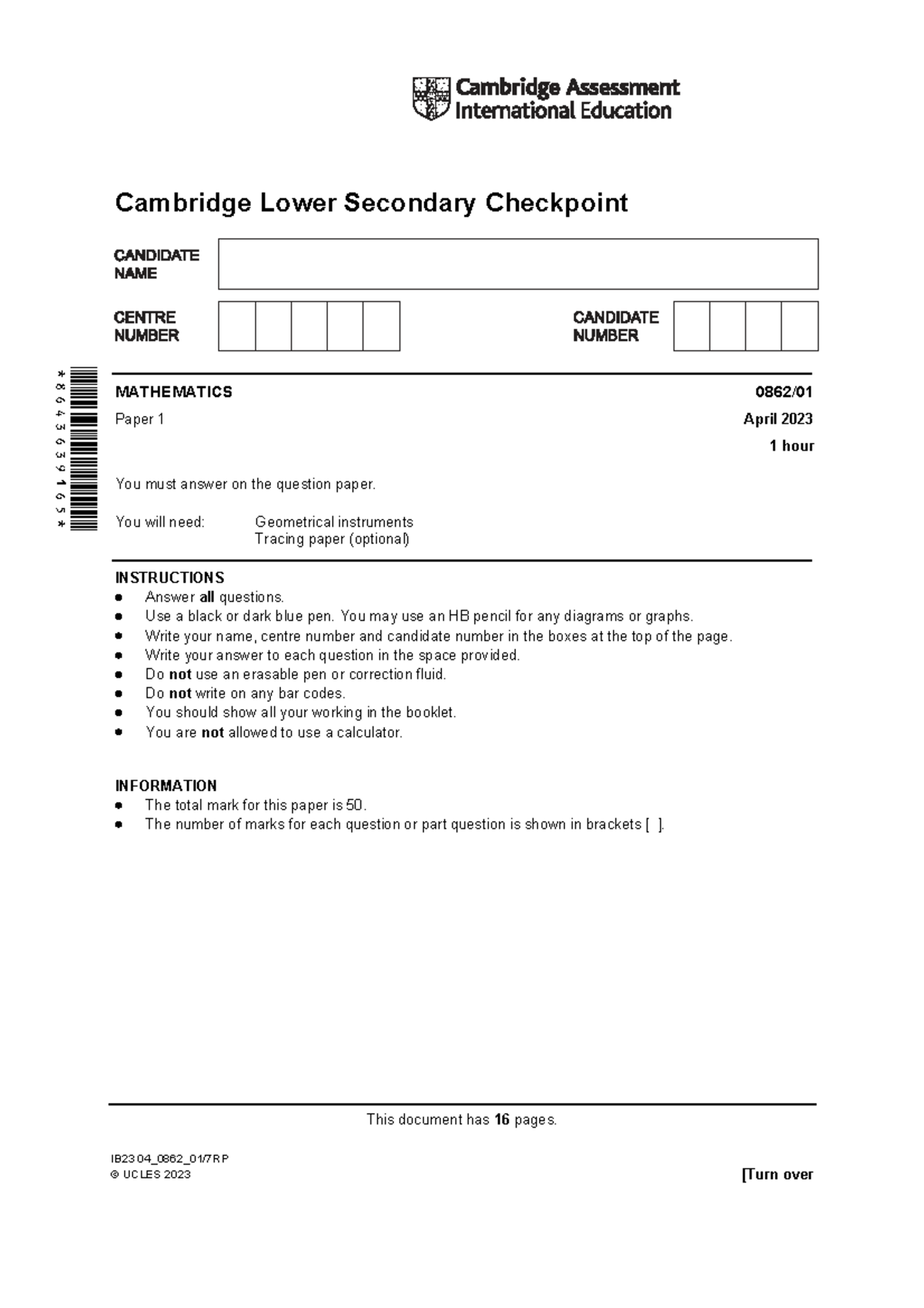 Cambridge Lower Secondary Checkpoint Mathematics Paper 1 - April 2023 ...