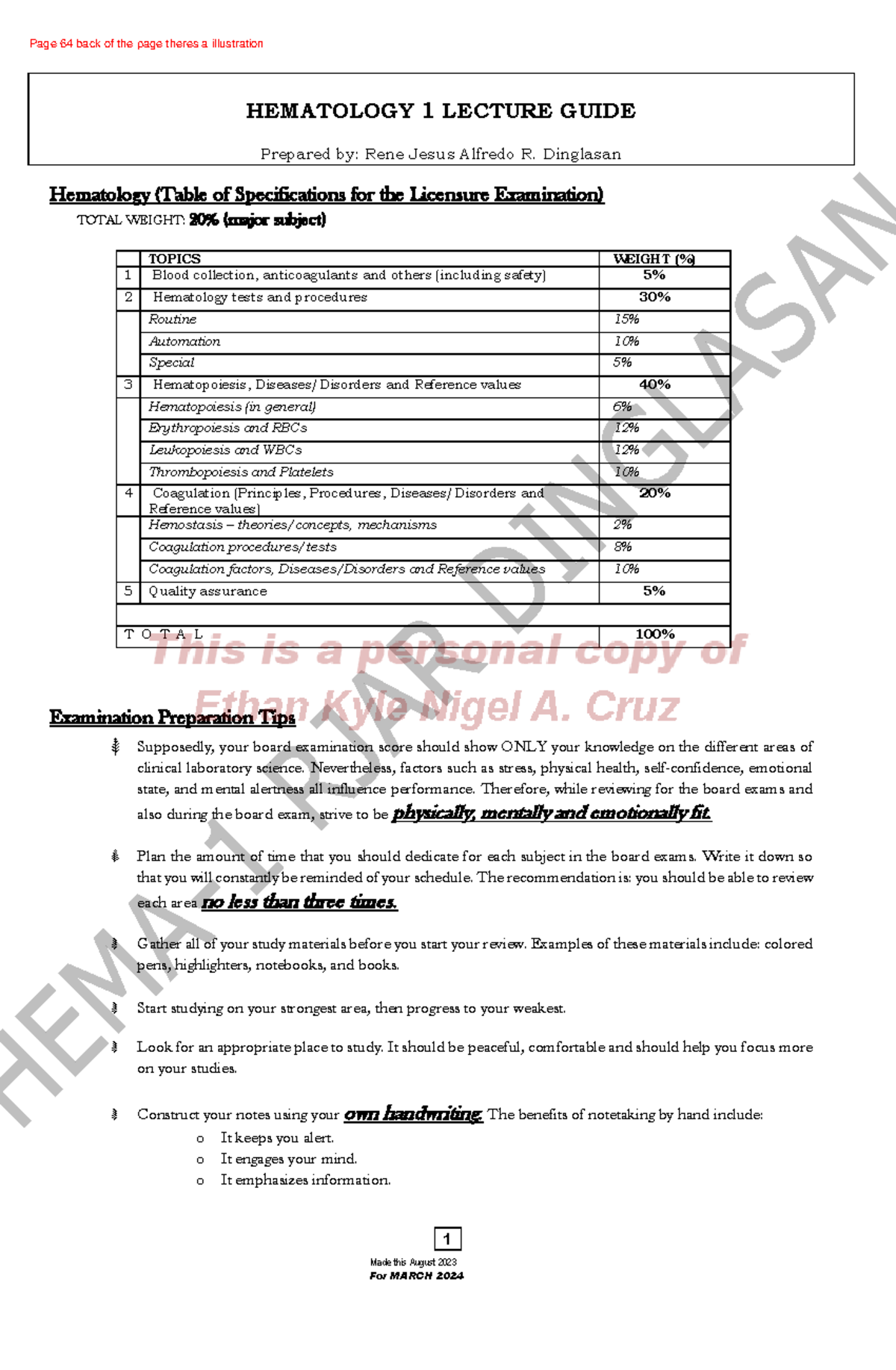 PRCI - Hematology 1 LECTURE GUIDE: Exam Prep & Key Concepts - Studocu