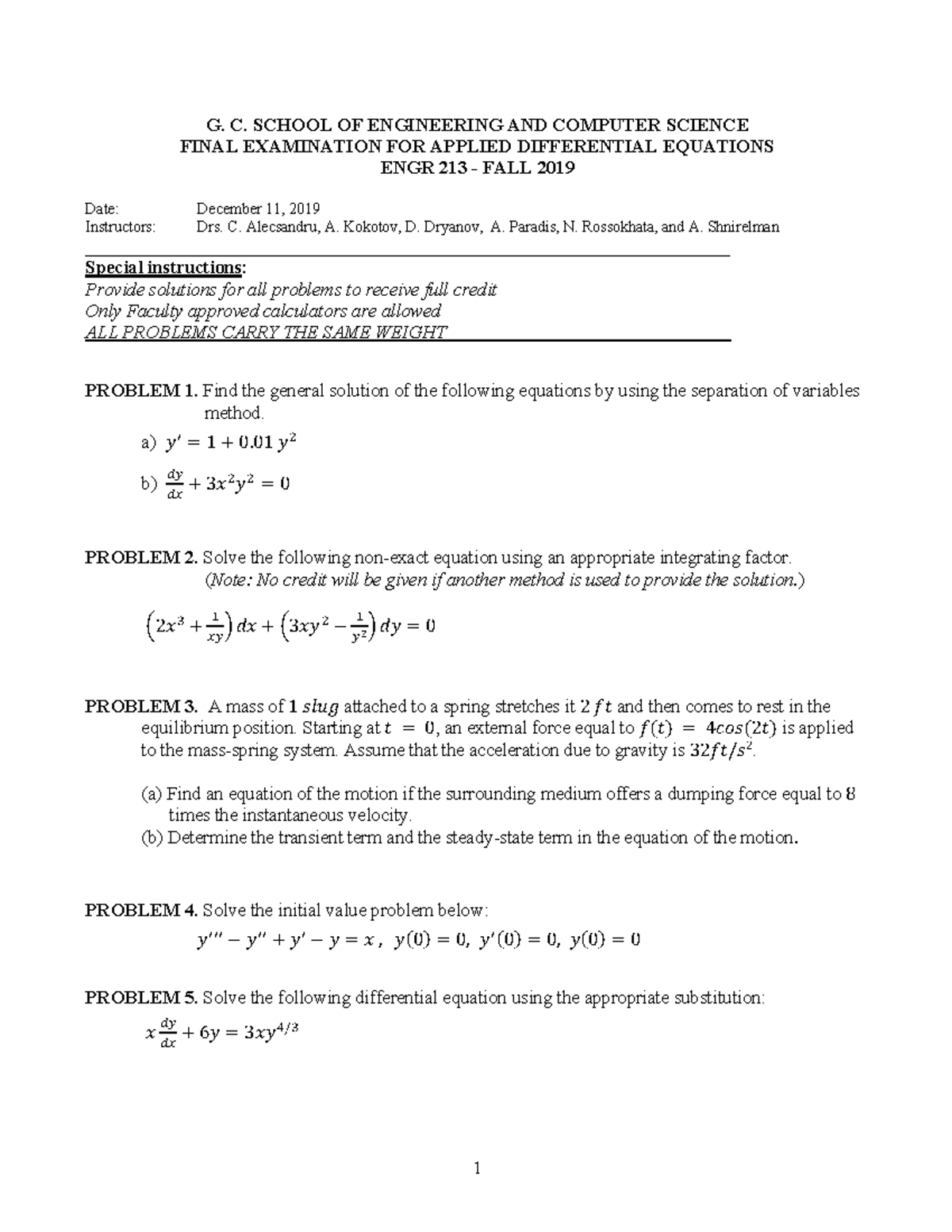 Final Exam Solutions for ENGR 213 - Applied Differential Equations ...