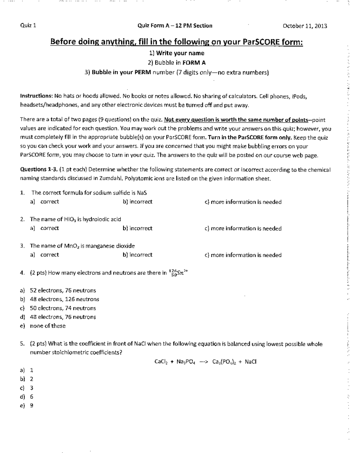 Chem 1A Quiz 1 Practice Questions and Instructions - Studocu