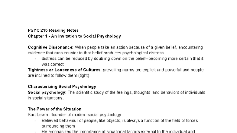 PSYC 215 Chapter 1 Reading Notes: Social Psychology Insights - Studocu
