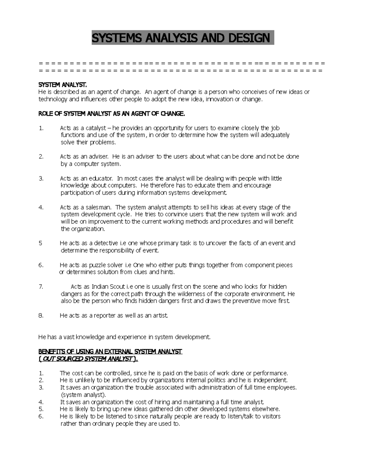 SAD 301 Lecture Notes on Systems Analysis and Design Concepts - Studocu