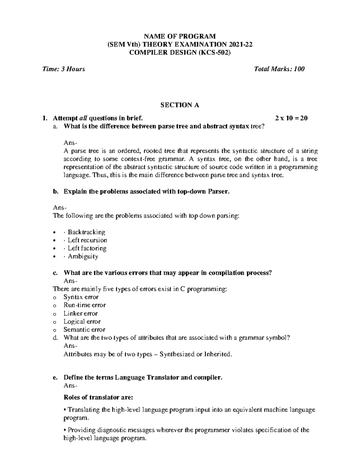 KCS-502 Compiler Design Theory Exam Solutions (Sem V) - Studocu