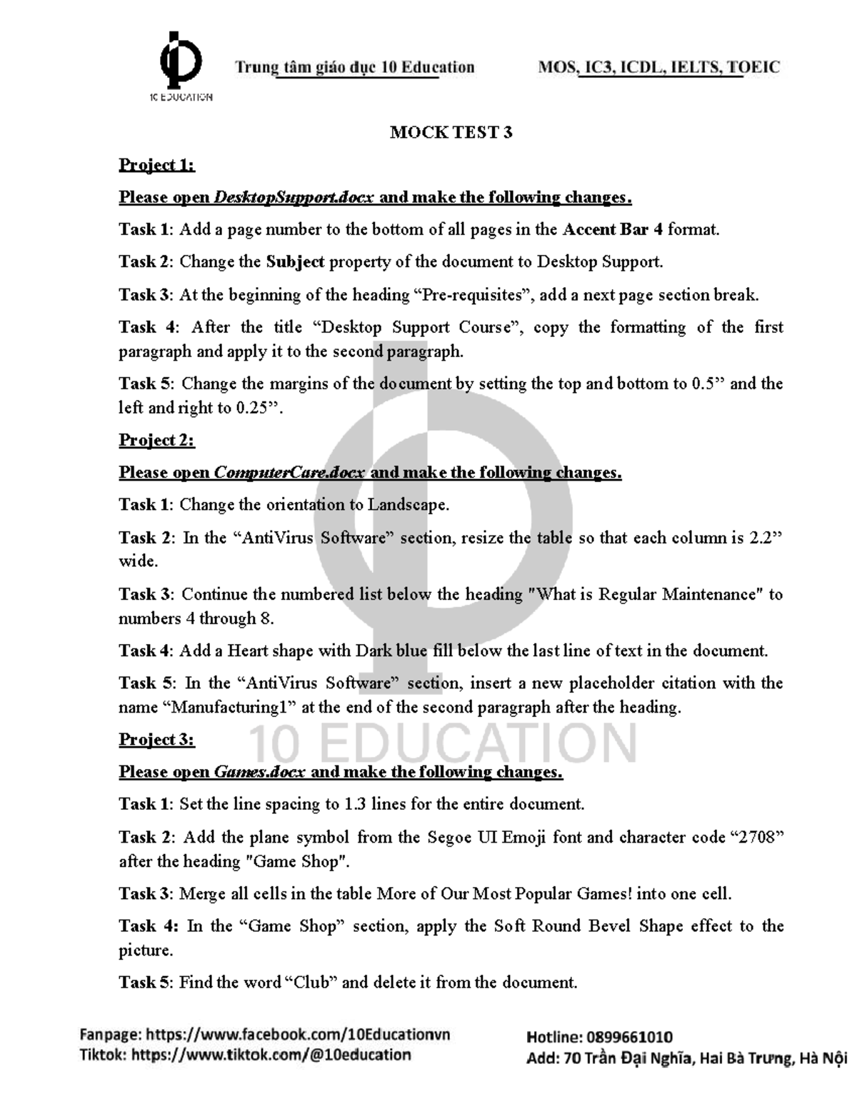 MOCK TEST 3: Project Tasks for Document Formatting - Studocu