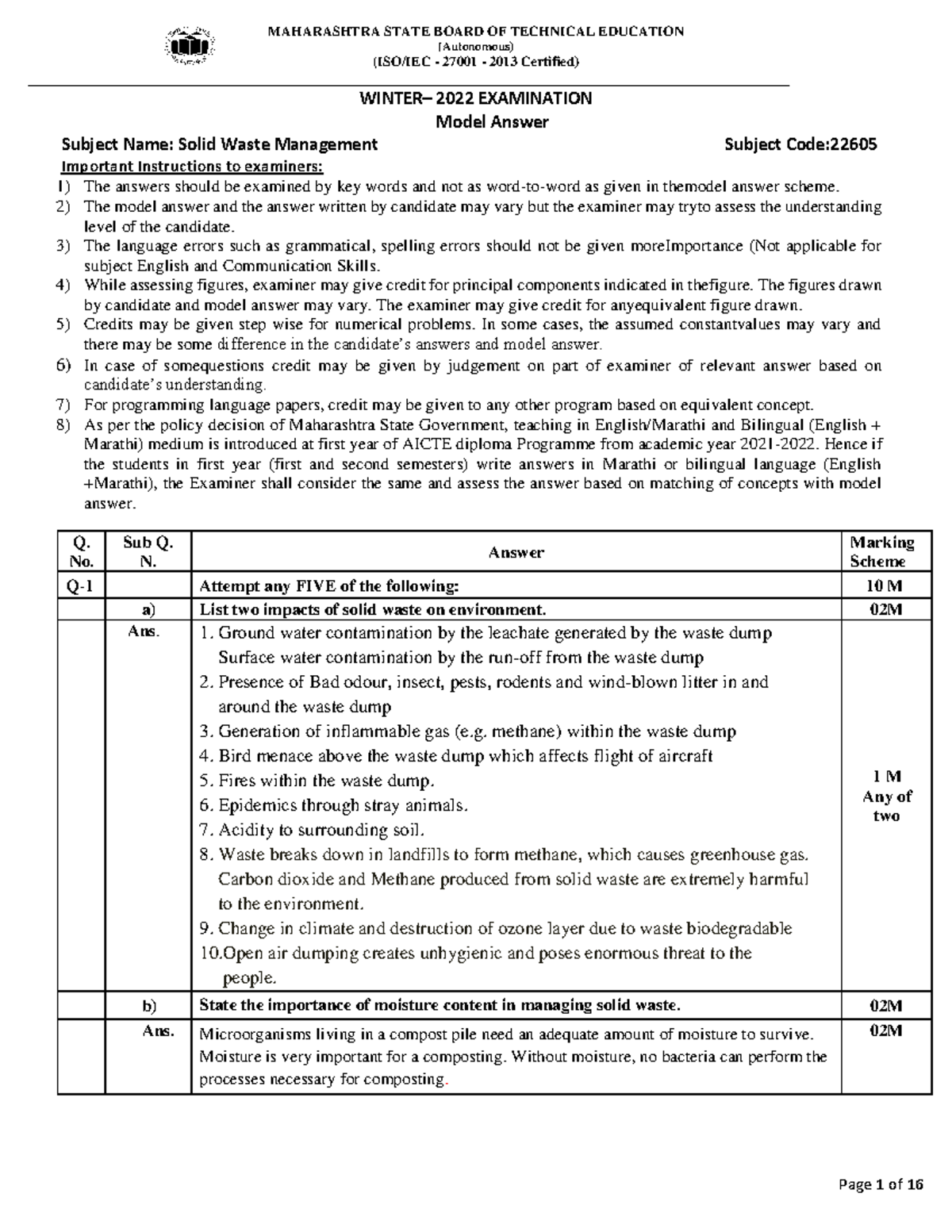 Model Answer for Solid Waste Management (22605) - Winter 2022 Exam ...