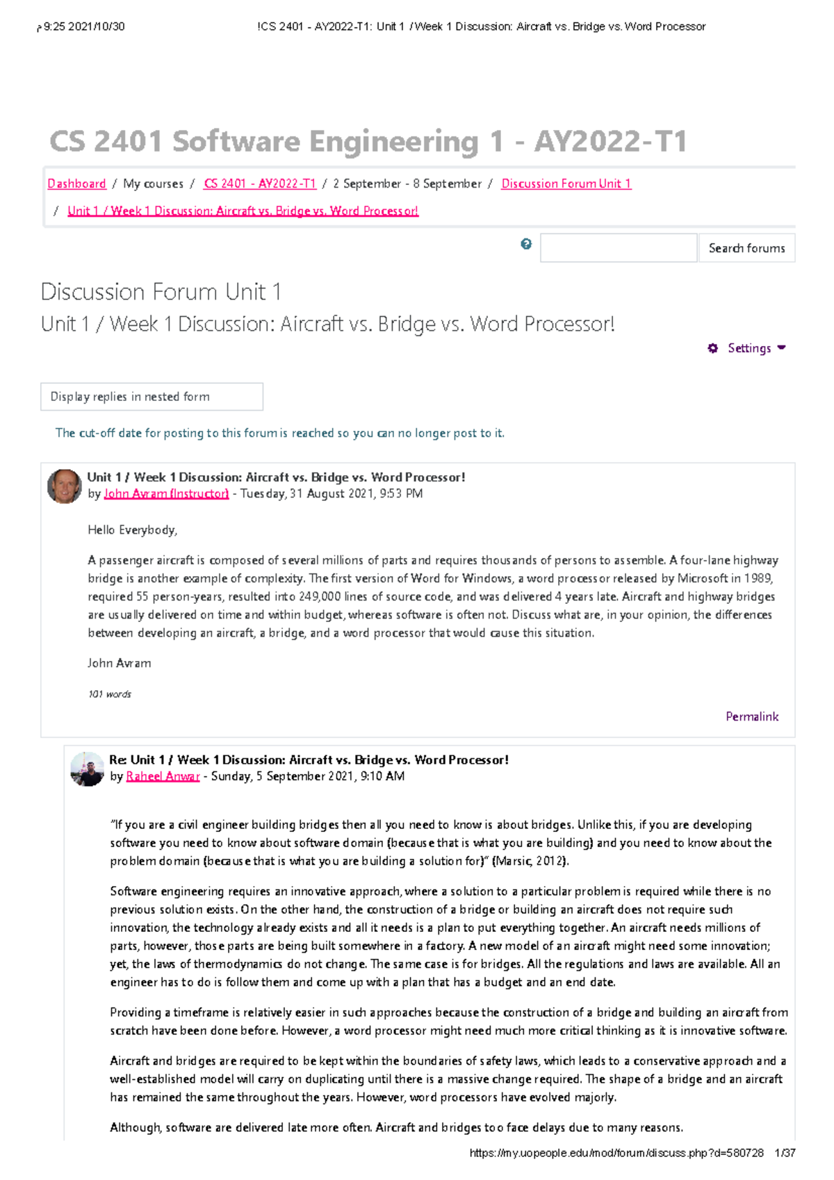 CS 2401 - AY2022-T1 Unit 1 Week 1 Discussion: Engineering Complexity ...