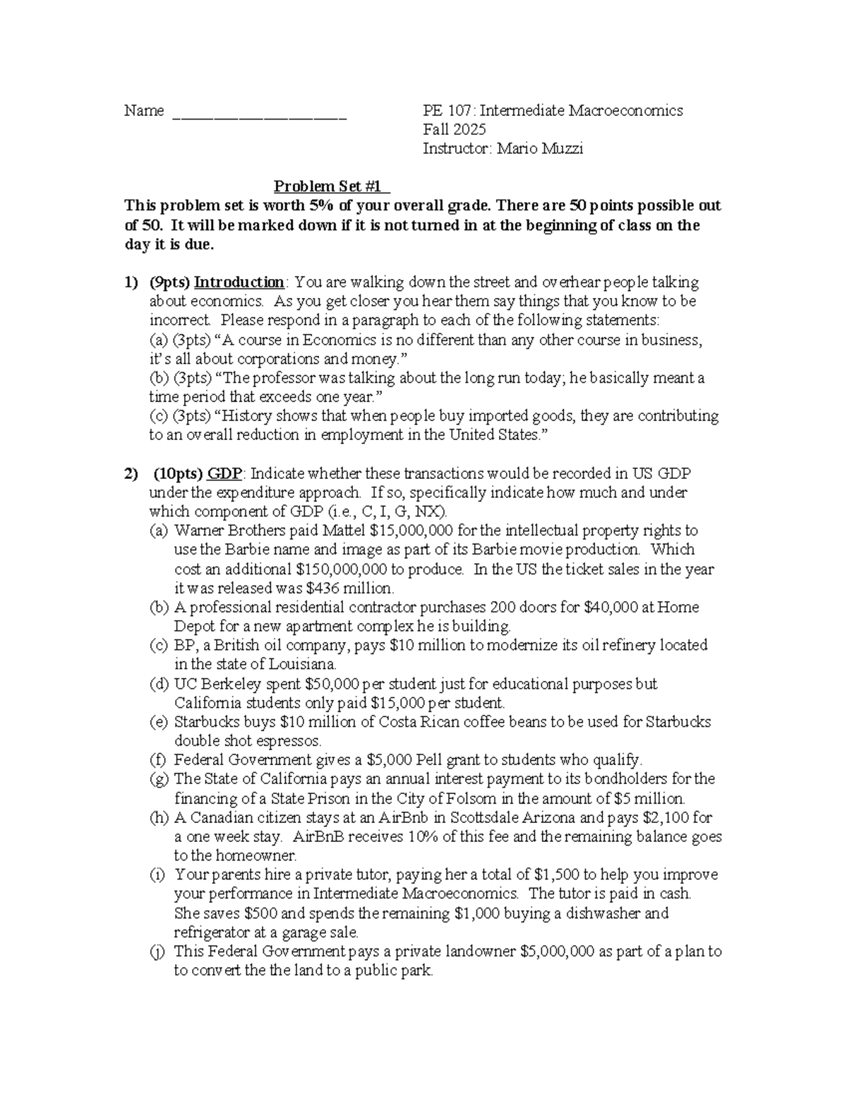 PE 107: Intermediate Macroeconomics Fall 2025 Problem Set #1 - Studocu