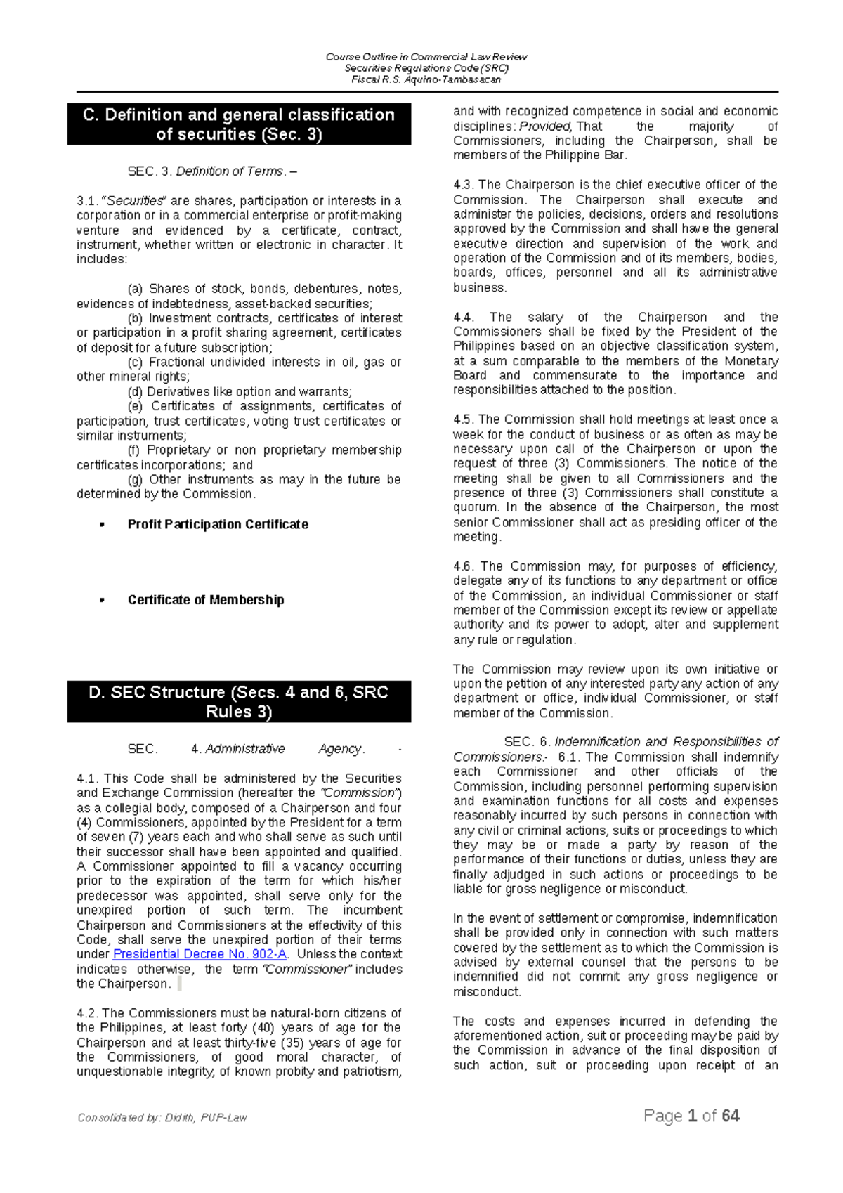 SRC LECTURE NOTES on Securities Regulation: Types & Commission ...