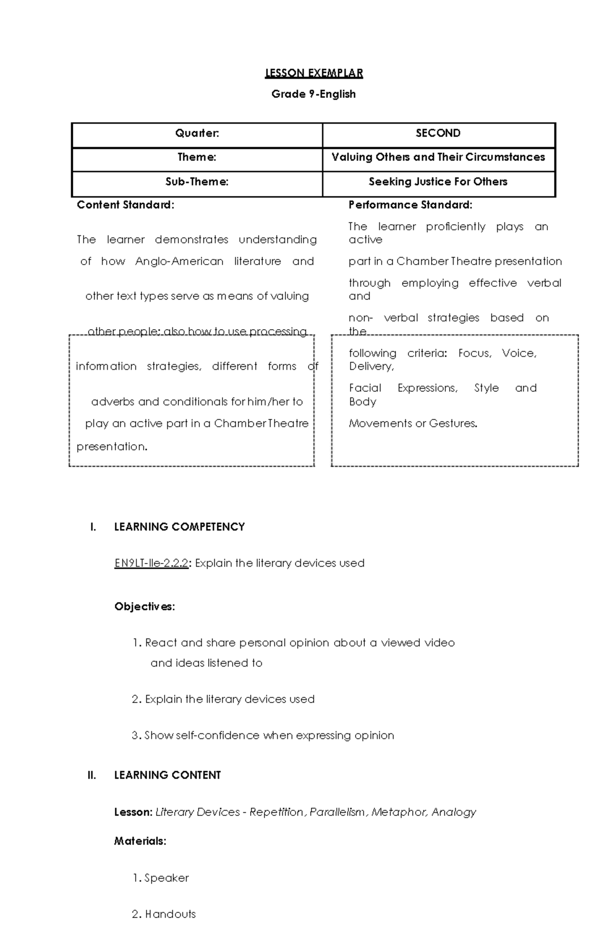 LESSON EXEMPLAR: Valuing Others Through Literary Devices (Grade 2 ...