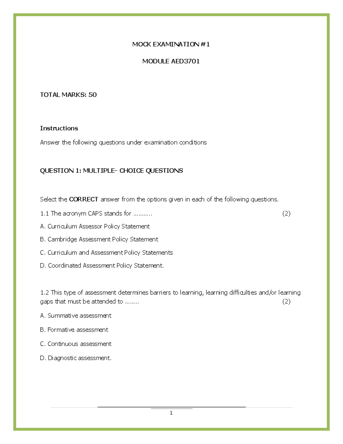 Mock Exam - Preparation for AED Module on Assessment Types - Studocu