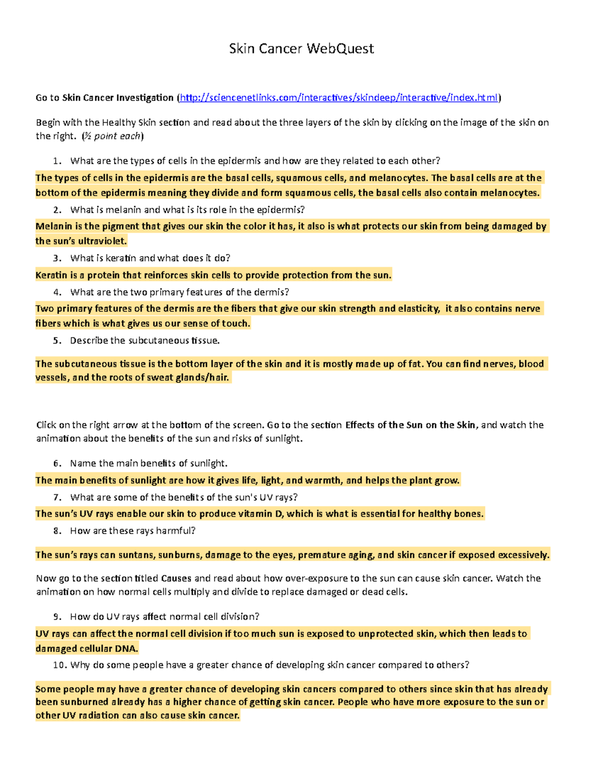 Skin Cancer Investigation WebQuest: Understanding Risks & Effects - Studocu
