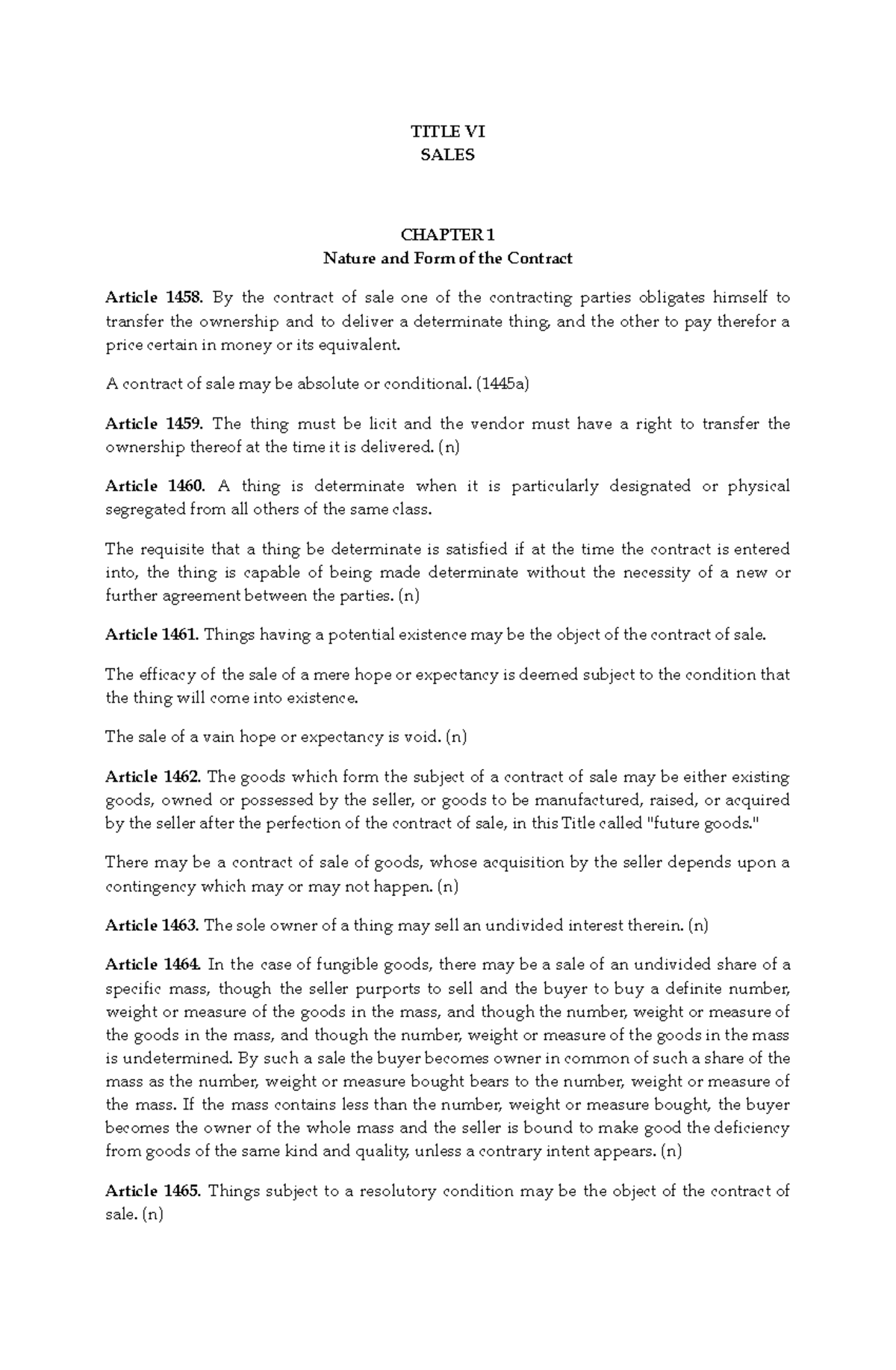 LAW 101: Sales Chapter - Nature and Form of the Contract - Studocu