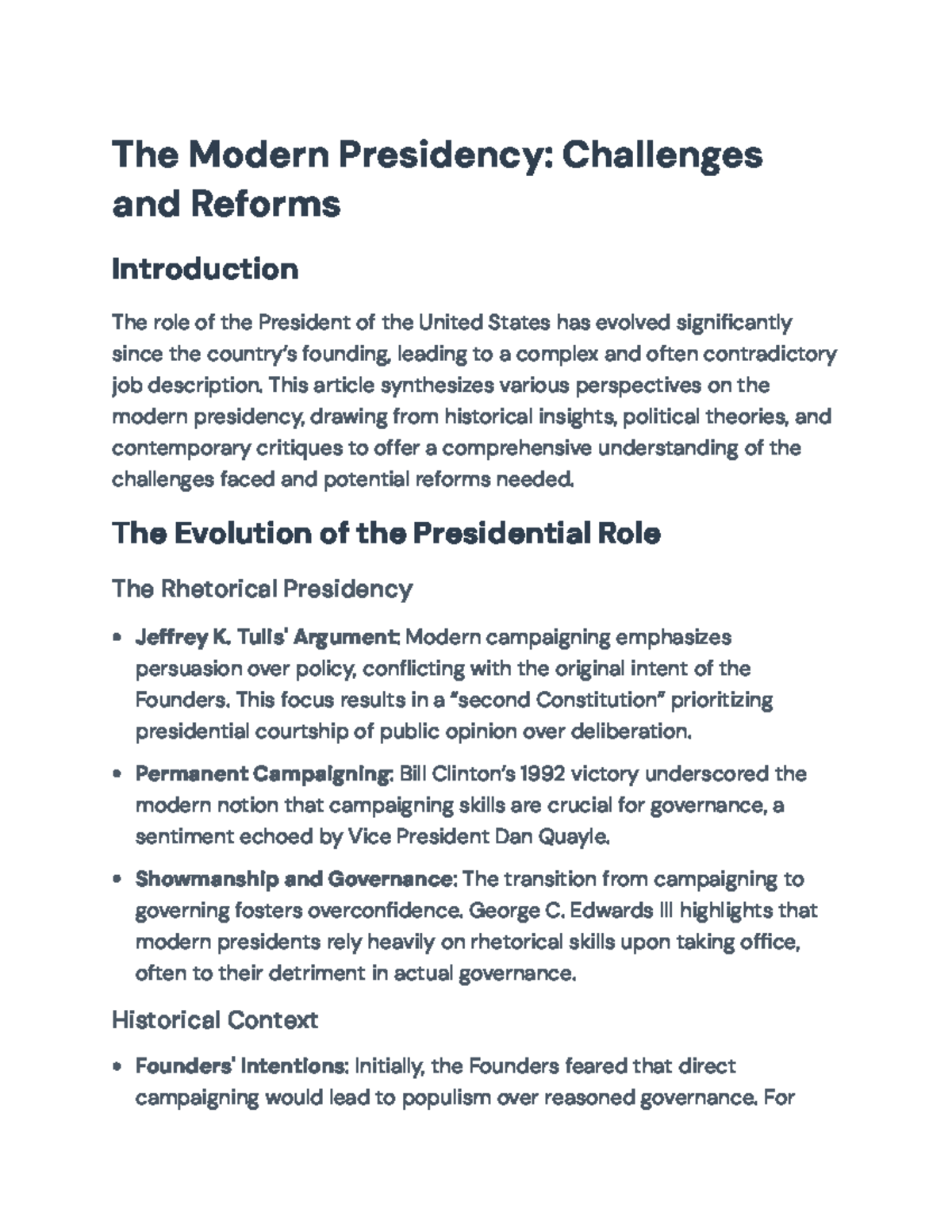 Modern Presidency: Challenges, Reforms, and Future Directions (POL 301 ...