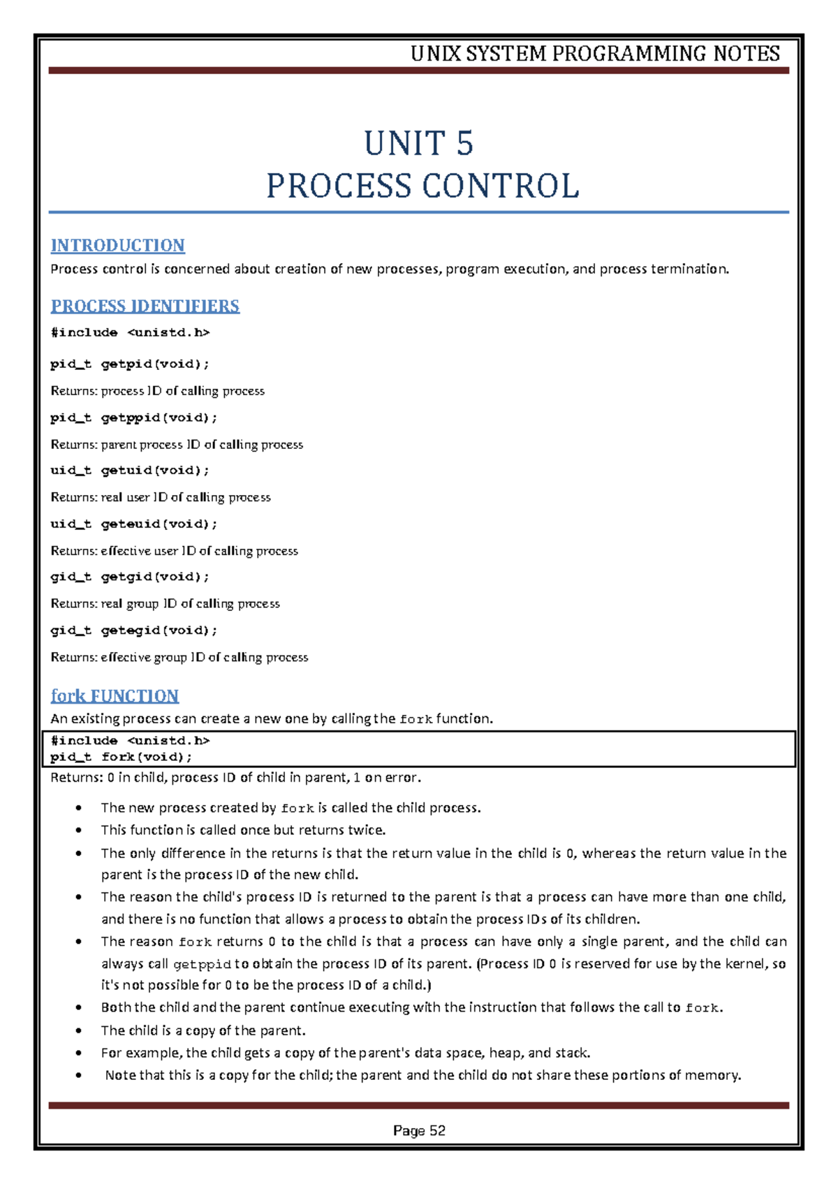Process Control in Unix Programming | CS101 Lecture Notes - Studocu