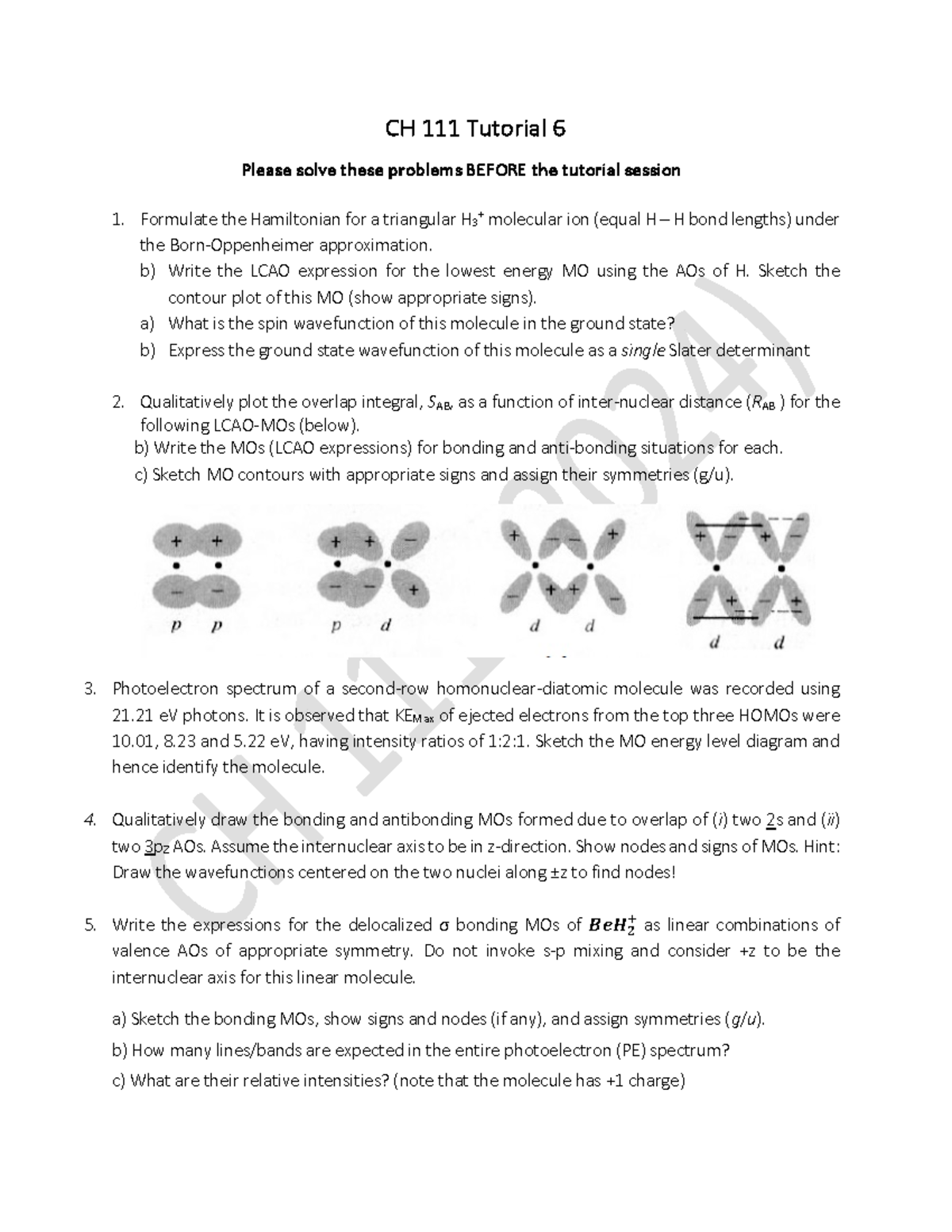 CH111 Tutorial 6 2024 - asdfghjkl - CH 111 Tutorial 6 Please solve ...