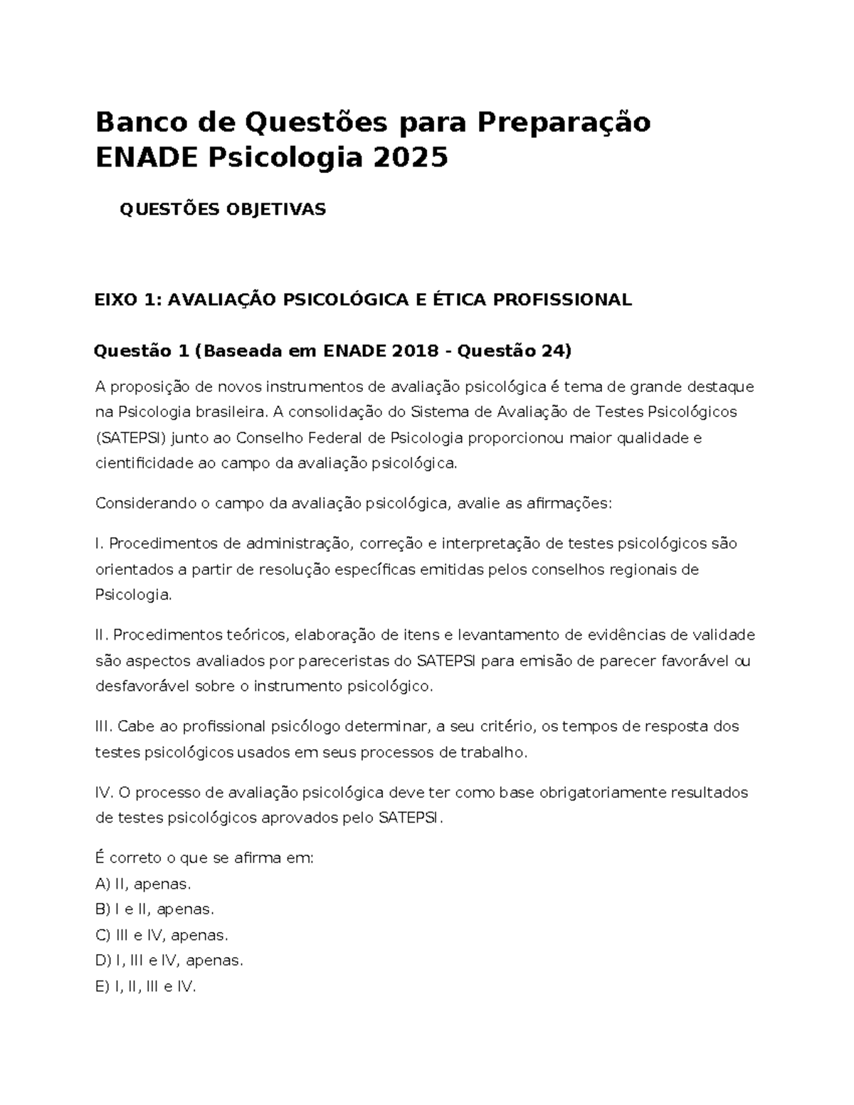 Banco de Questões ENADE Psicologia 2025: Preparação e Gabaritos - Studocu