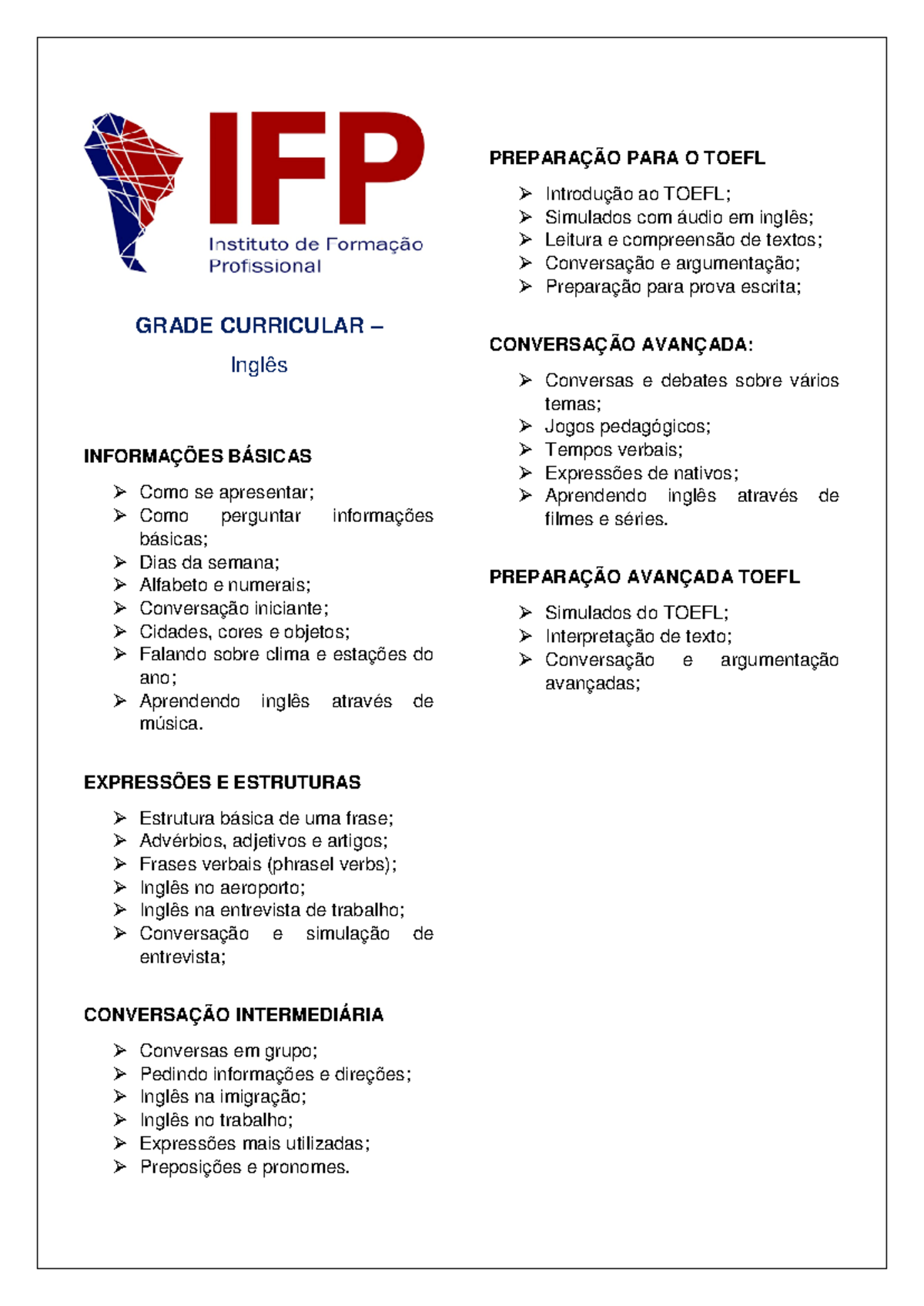 Grade Curricular - Inglês: Estruturas e Conversação para o TOEFL - Studocu
