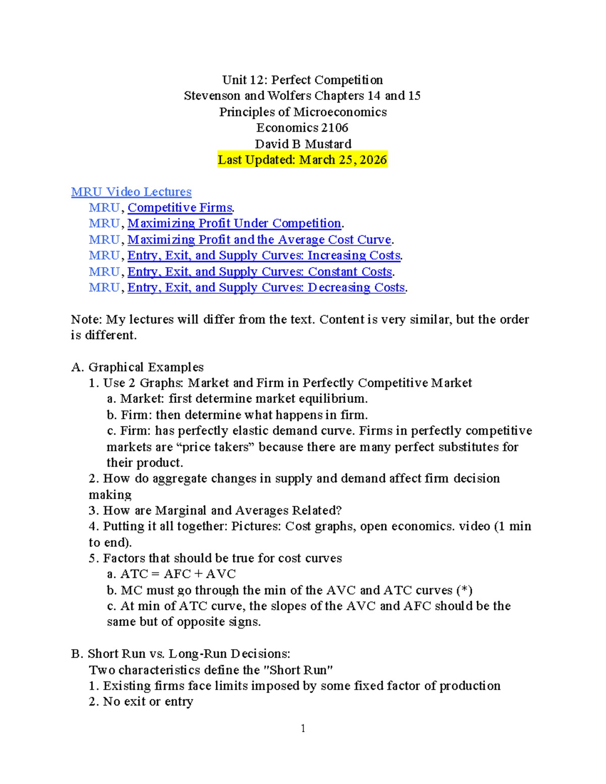 Unit 12: Perfect Competition Lecture Notes - Econ 2106 by Prof. Mustard ...