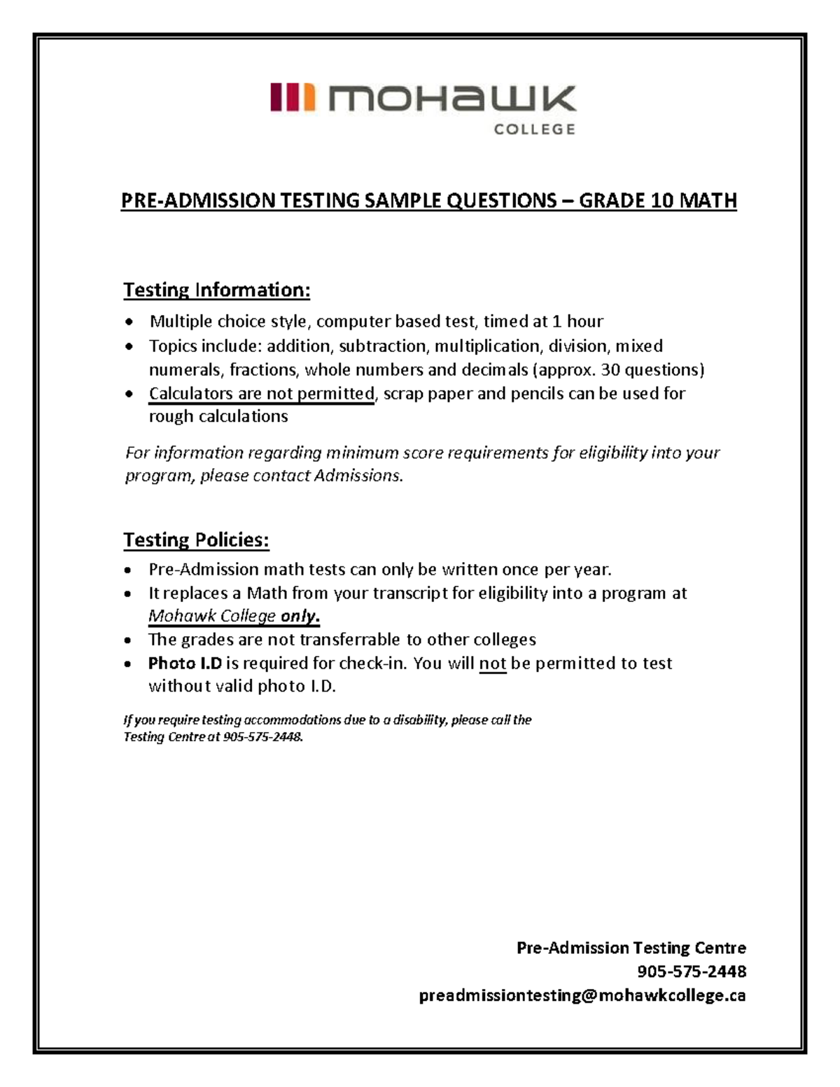 Grade 10 Math Pre-Admission Test: Sample Questions & Practice - Studocu