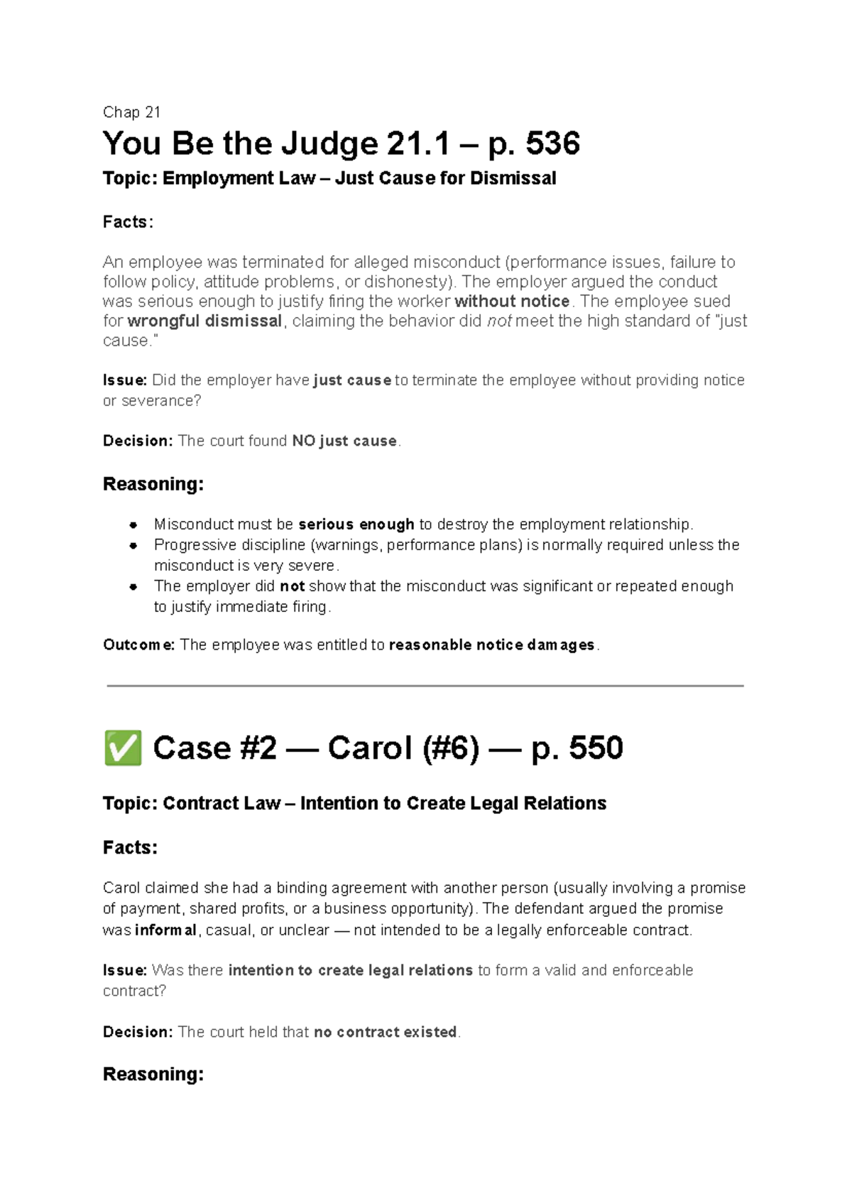 Chap 21 Employment & Contract Law Case Studies - Final Exam Notes - Studocu