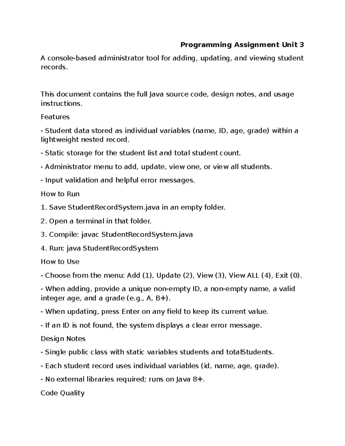 Programming Assignment Unit 3: Student Record Management Tool - Studocu