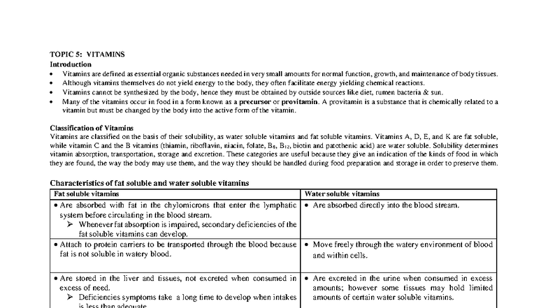 Topic 5: Summary of Fat and Water Soluble Vitamins (Lecture Notes ...