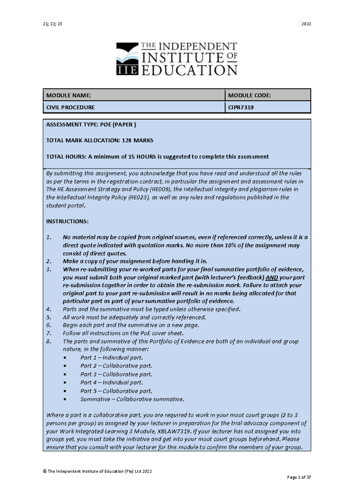 CIVIL PROCEDURE CIPR - Portfolio of Evidence (PoE) Guidelines - Studocu
