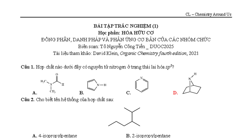 HHC Test 1 - KEY: Ôn Tập Hóa Hữu Cơ Đề Thi Trắc Nghiệm - Studocu