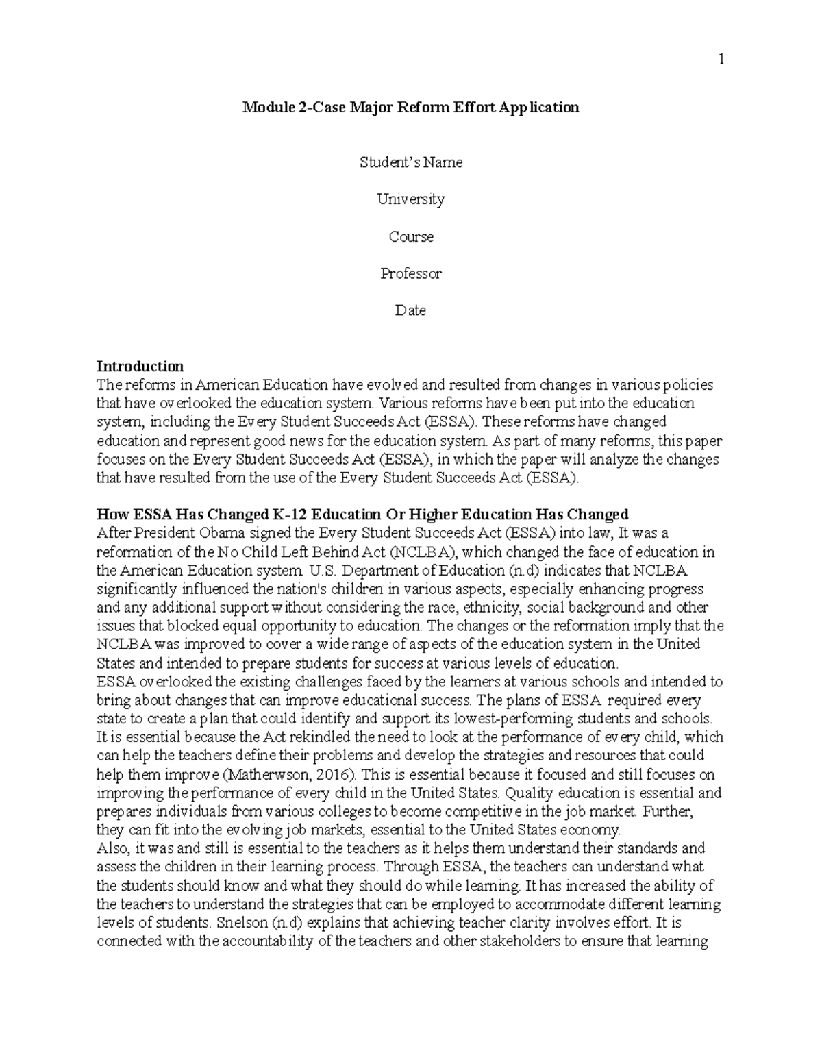 Module 2-Case Major Reform Effort Application - 1 Module 2-Case Major ...
