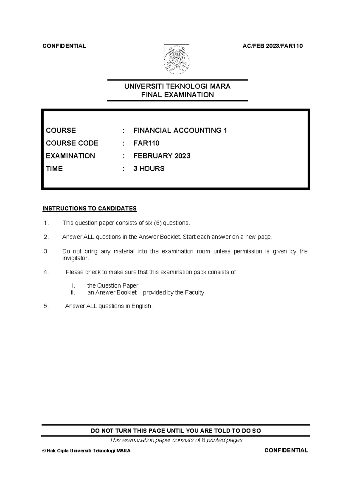 Final Exam: Financial Accounting 1 (FAR110) - Feb 2023 Questions - Studocu
