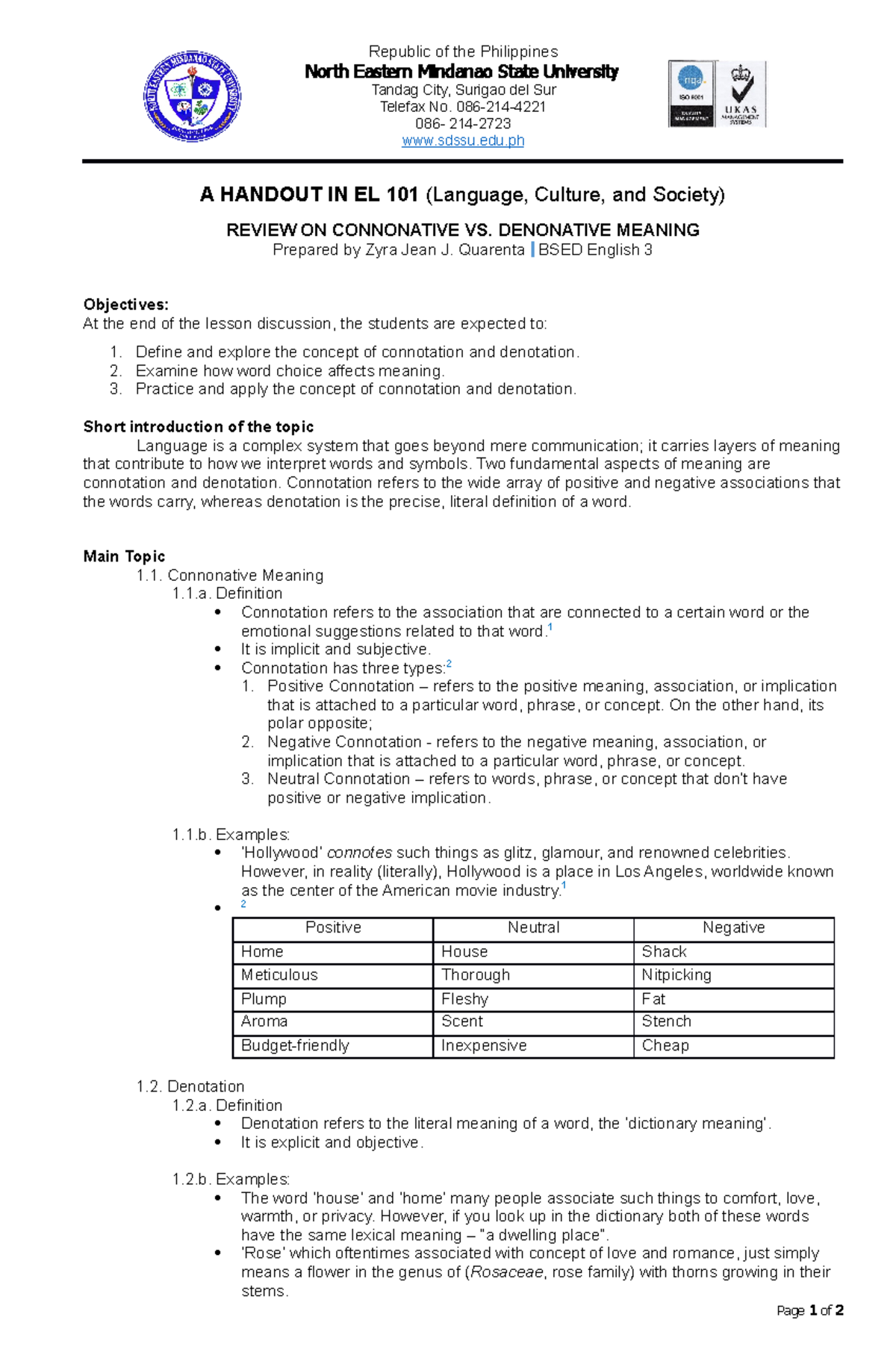 Handout-EL 101: Understanding Connotation vs. Denotation Meaning - Studocu