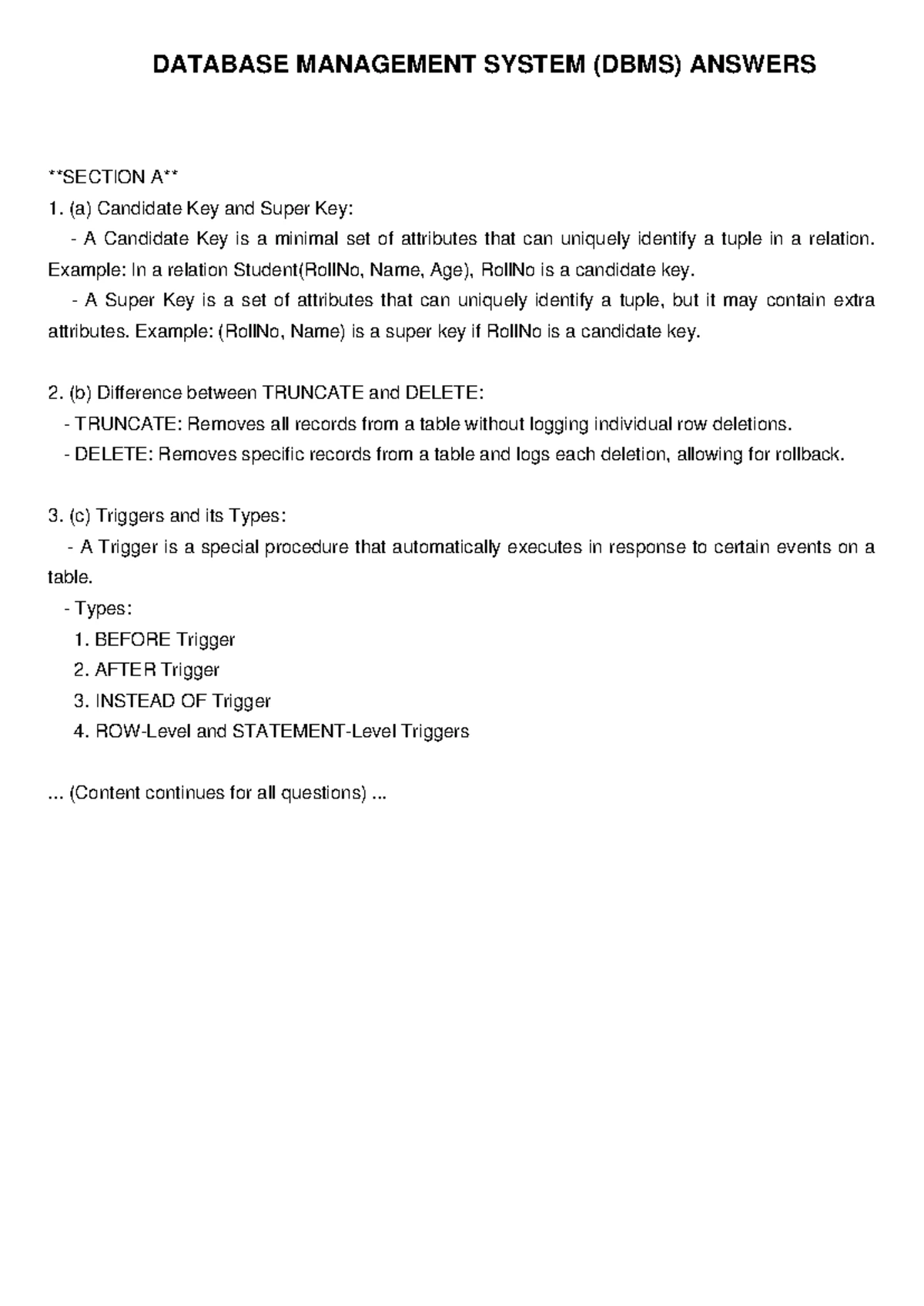 DBMS Answers & Explanations - Updated for Clarity and Understanding ...