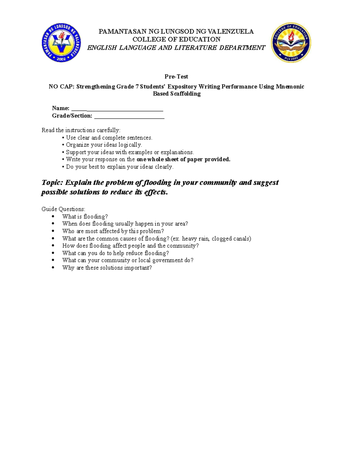 PAMANTASAN NG LUNGSOD NG VALENZUELA: CBAR Questionnaire Example - Studocu
