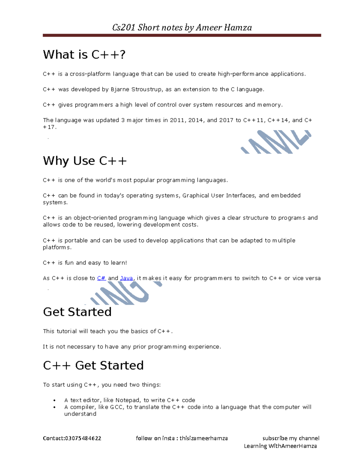 Cs201 Short notes by Ameer Hamza-1 - What is C++? C++ is a cross ...