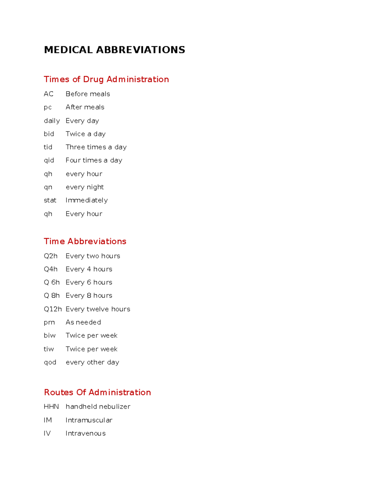 Medical Abbreviations & Times of Drug Administration Guide - Studocu