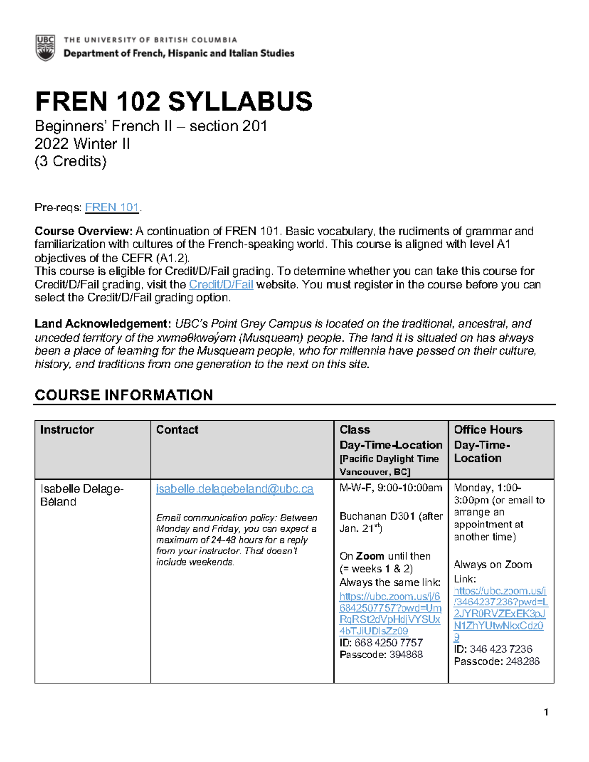 FREN 102 201 Syllabus - Beginners’ French II - Winter 2022 - Studocu