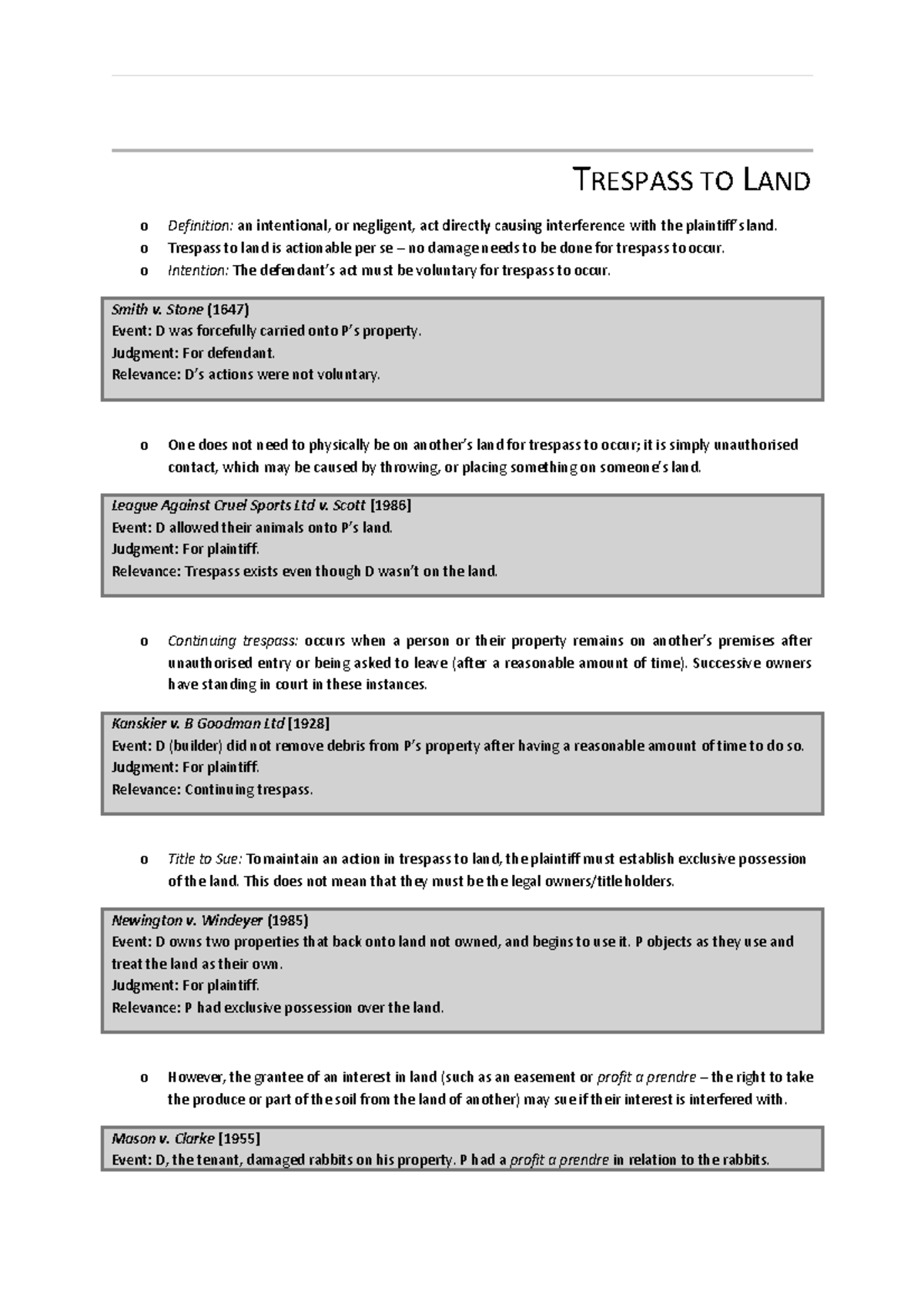 C2 - Comprehensive Notes on Trespass to Land in Tort Law - Studocu