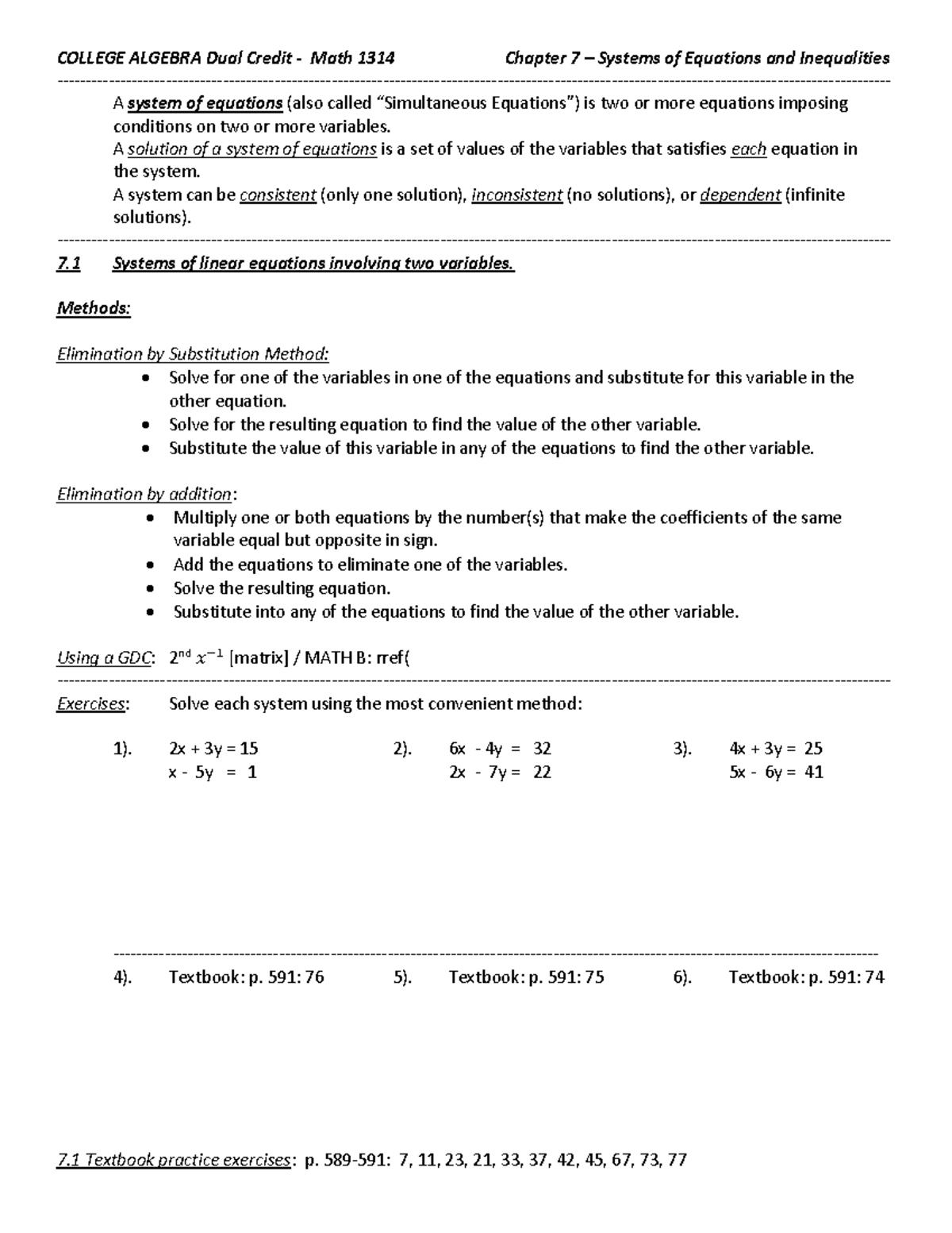Math 1314 College Algebra Final Exam Notes: Systems of Equations ...