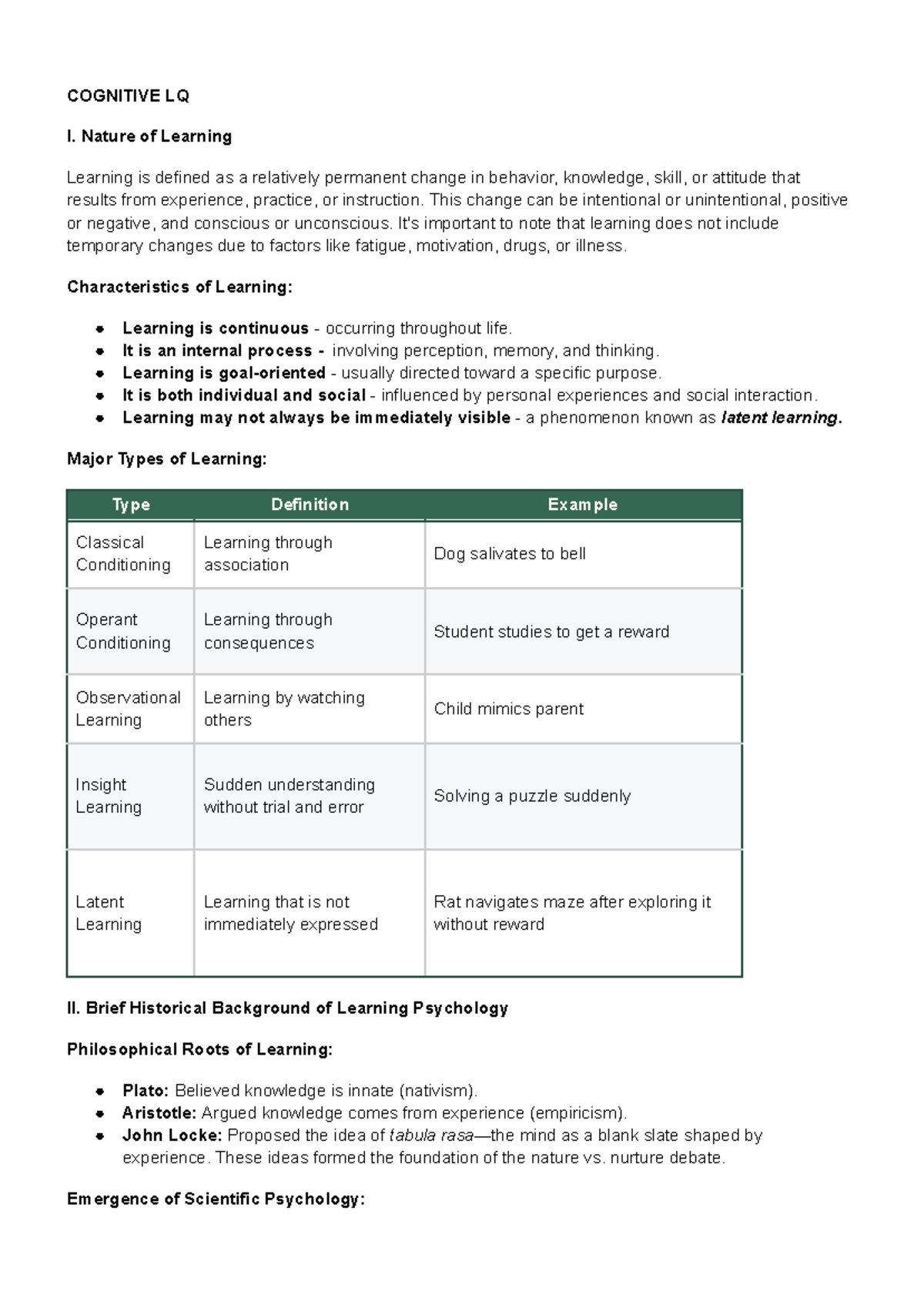 Cognitive LQ I: Nature and Theories of Learning - Final Exam Notes ...