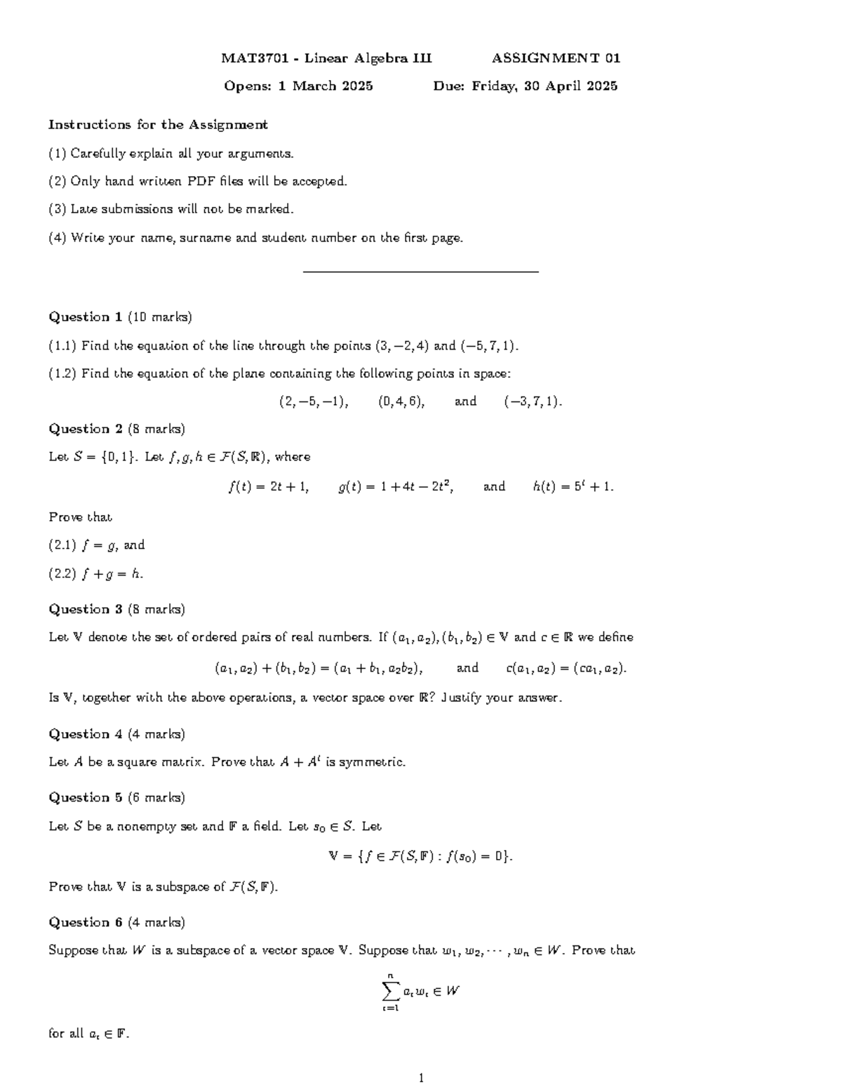 MAT3701 Linear Algebra Assignment 01 Instructions and Questions - Studocu