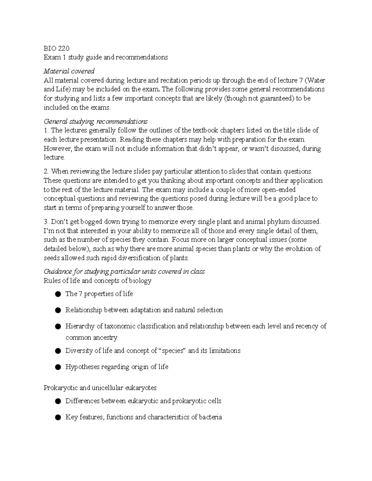 BIO 220 Exam 1 Study Guide: Key Concepts and Study Tips - Studocu