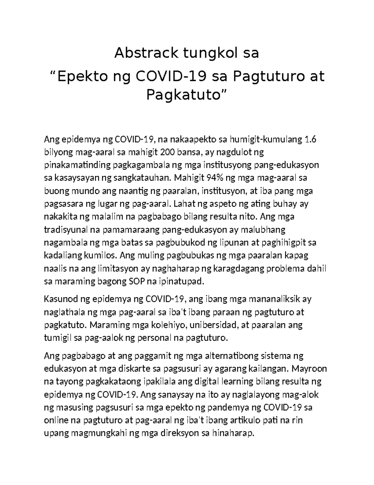 Abstrack tungkol sa - Abstrack tungkol sa “Epekto ng COVID-19 sa ...